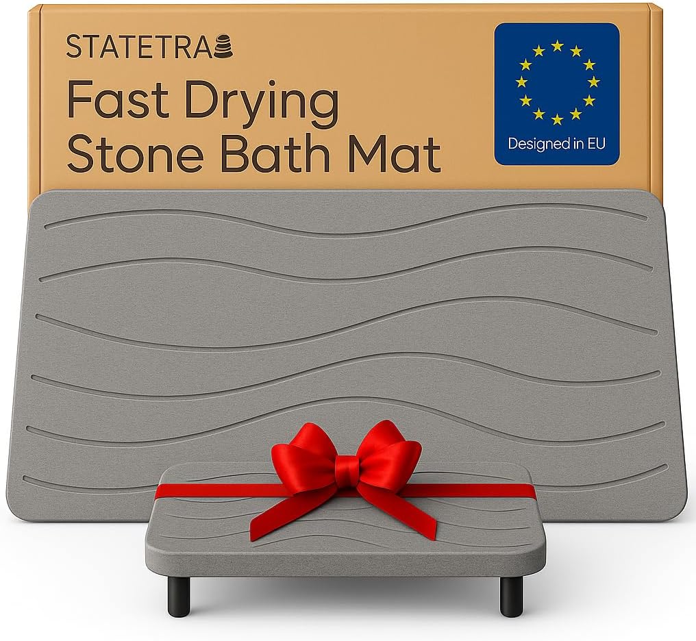 Stone Bath Mat Quick-Dry Absorbing Diatomaceous Earth Bath Mat | 2 Stone Mats - Large & Small Mat for Bathroom | Anti-Slip Diatomaceous Bathmat 100% Natural Bathroom Rug Stones (Gray Marble)