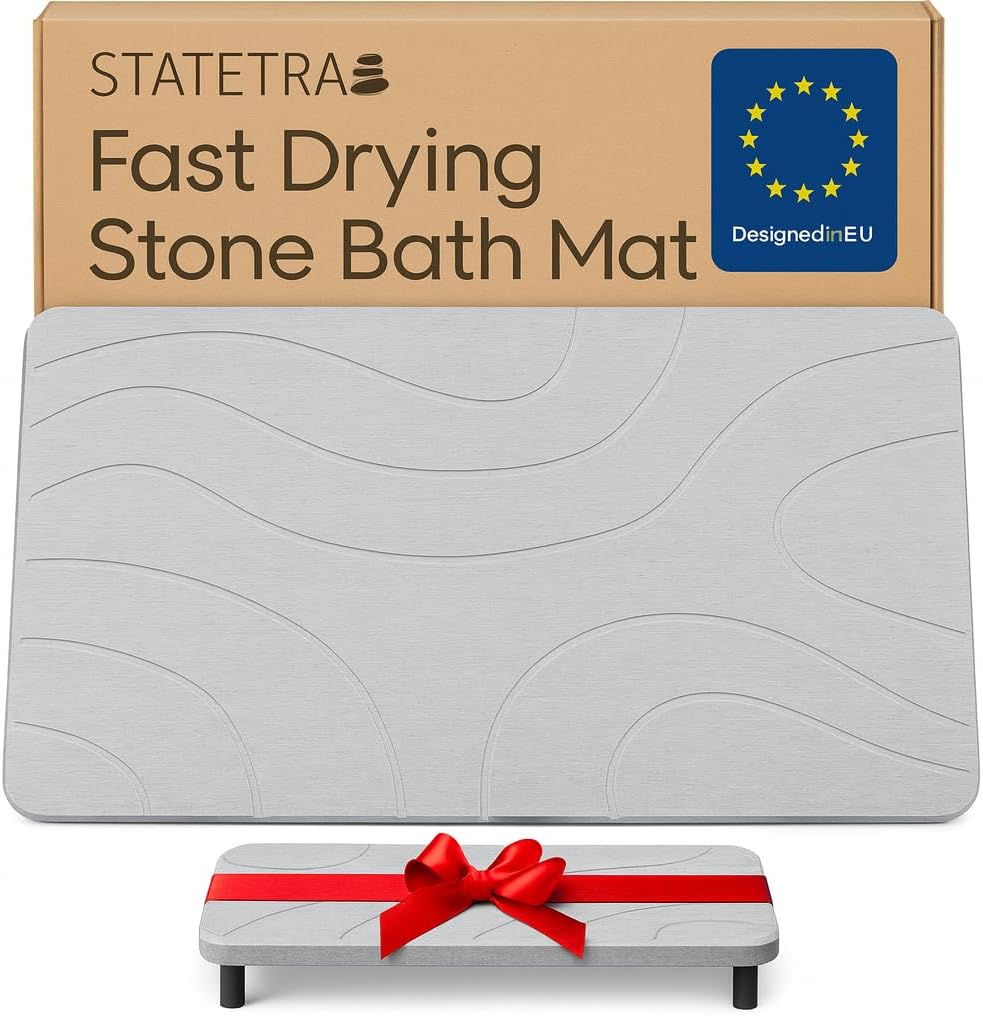 Stone Bath Mat Quick-Dry Absorbing Diatomaceous Earth Bath Mat | 2 Stone Mats - Large & Small Mat for Bathroom | Anti-Slip Diatomaceous Bathmat 100% Natural Bathroom Rug Stones (Gray Marble)