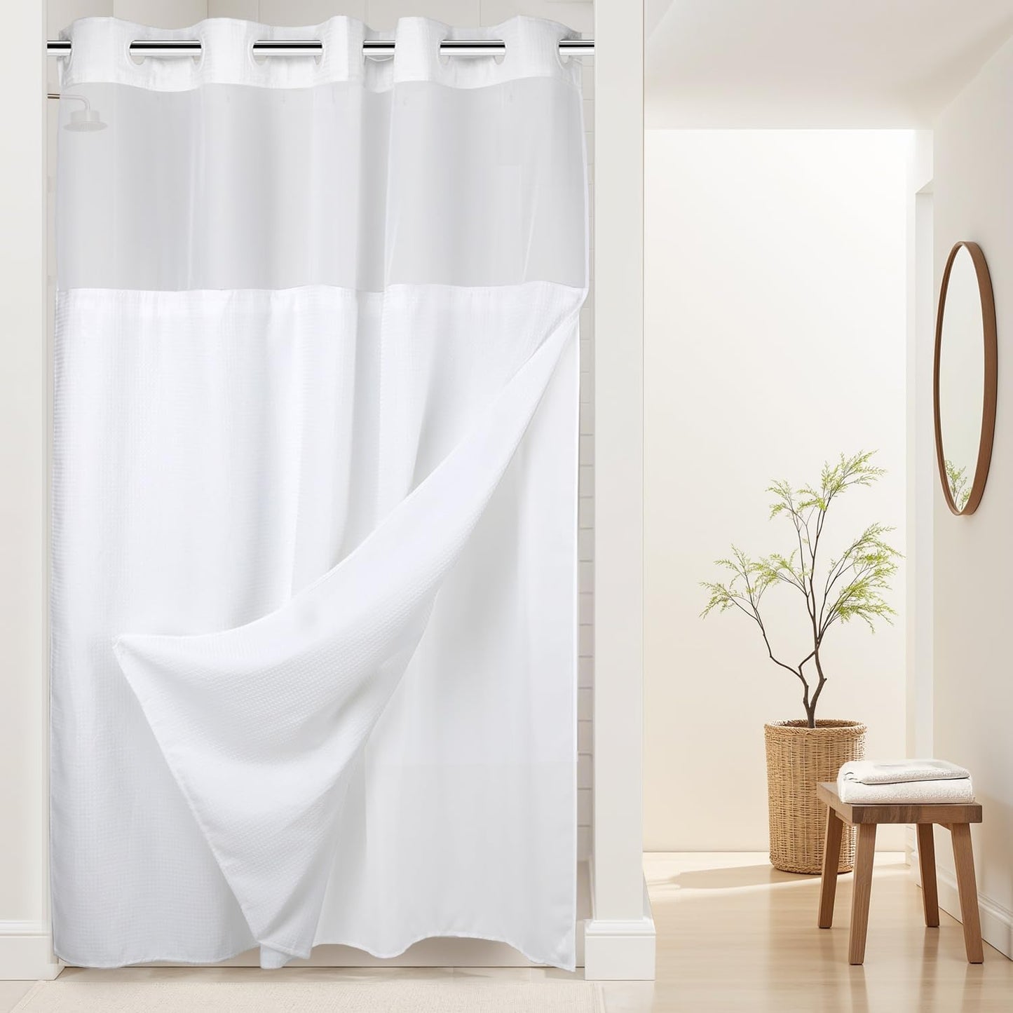 River Dream Heavyweight No Hooks Required Dotted Waffle Weave Shower Curtain with Snap in Liner - 71W x 74H,Hotel Grade,Spa Like Bath Curtain,Graphite Grey