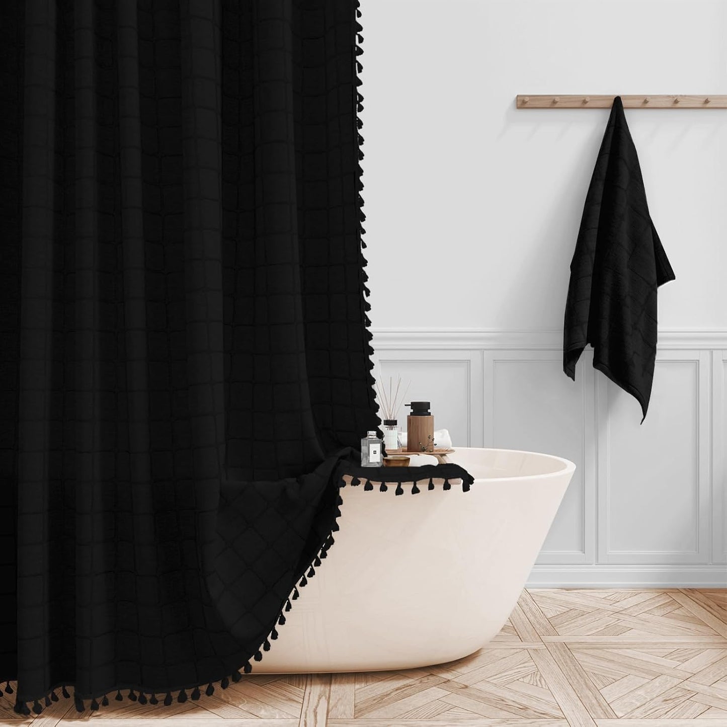 BTTN Extra Long Shower Curtain - 72x84 Inch Long Boho Linen Thick Fabric Shower Curtain Set with Plastic Hooks, Tall Farmhouse French Country Chic Macrame Cloth Shower Curtains for Bathroom, Tan/Taupe