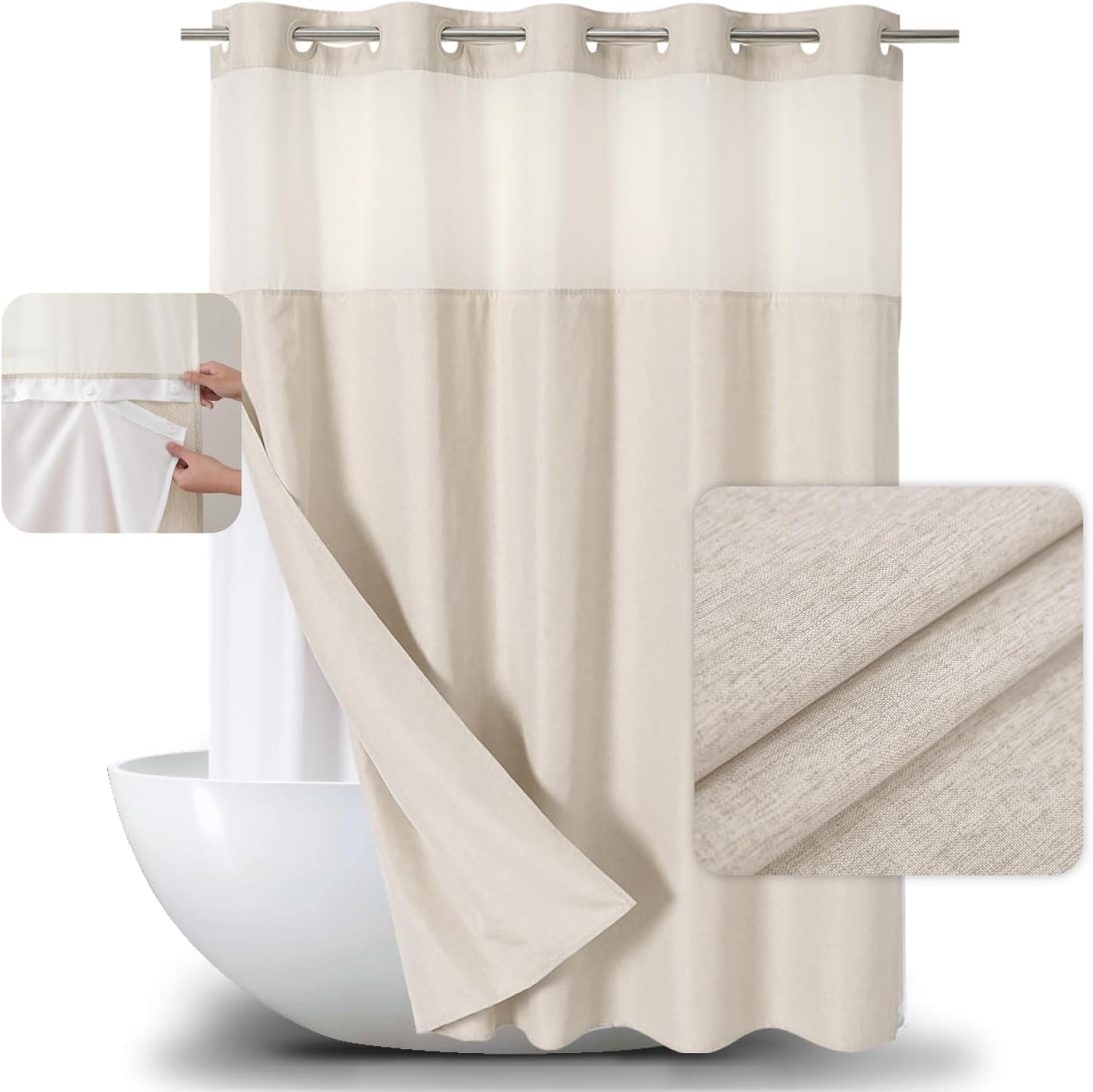 No Hooks Polyester Textured Shower Curtain with Snap-in Fabric Liner Set, Hotel Luxury Decor Shower Curtains for Bathroom with See Through Top Window, Waterproof & Washable, 71Wx74H, Cream
