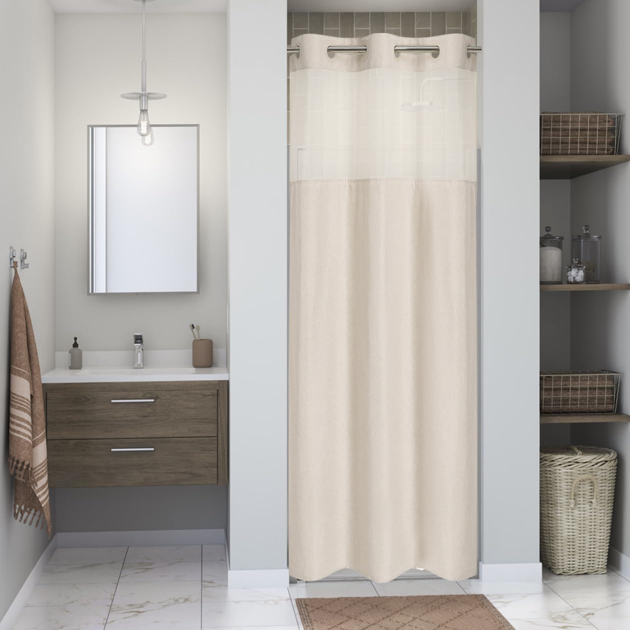 No Hooks Polyester Textured Shower Curtain with Snap-in Fabric Liner Set, Hotel Luxury Decor Shower Curtains for Bathroom with See Through Top Window, Waterproof & Washable, 71Wx74H, Cream