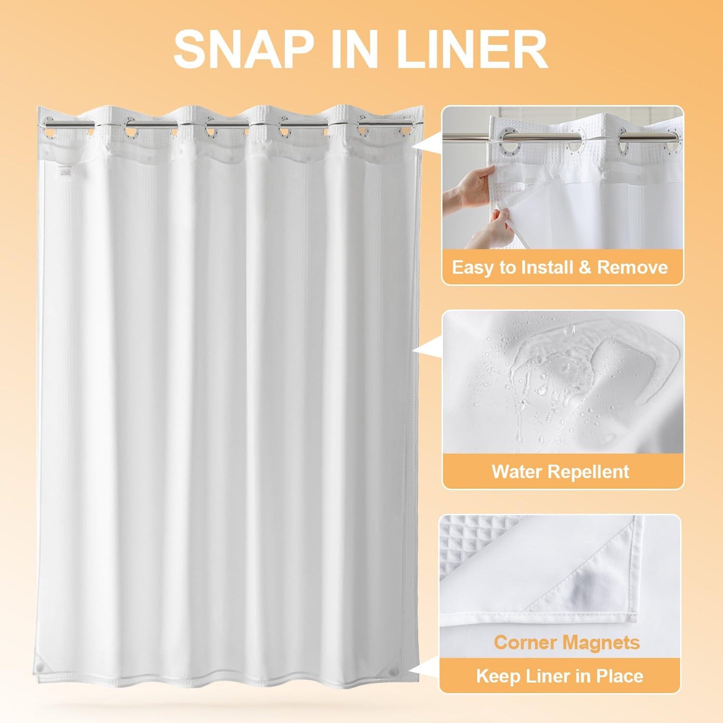 River Dream Cotton Blend No Hook Shower Curtain with Snap in Liner, Hotel Grade Shower Curtains for Bathroom, Water Repellent, White, 71W x74 L