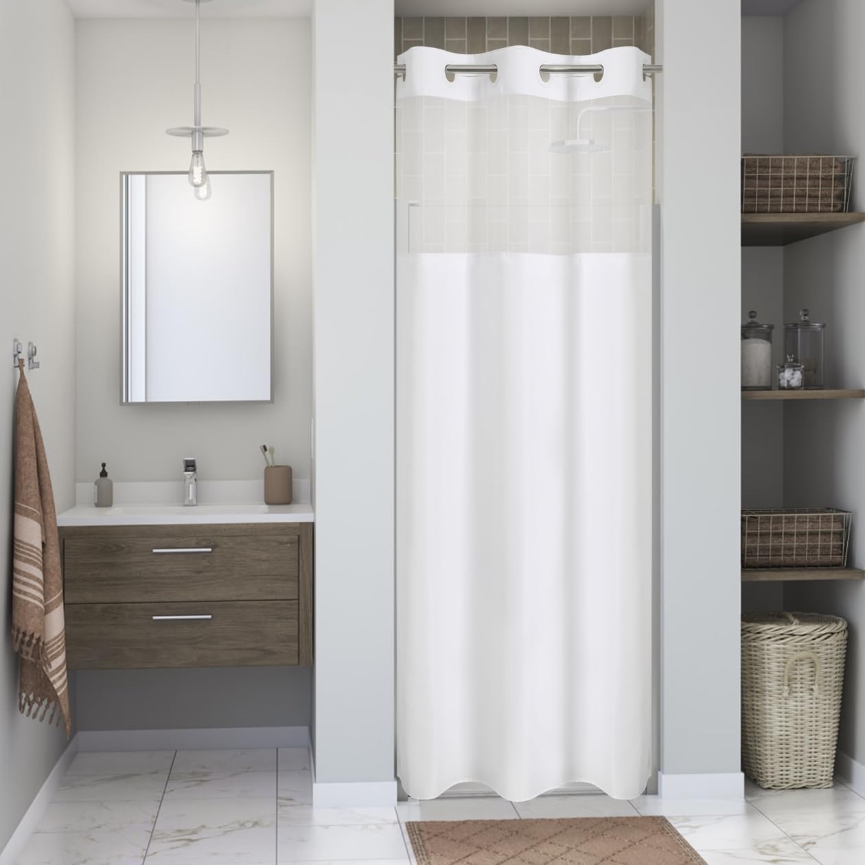 No Hooks Polyester Textured Shower Curtain with Snap-in Fabric Liner Set, Hotel Luxury Decor Shower Curtains for Bathroom with See Through Top Window, Waterproof & Washable, 71Wx74H, Cream
