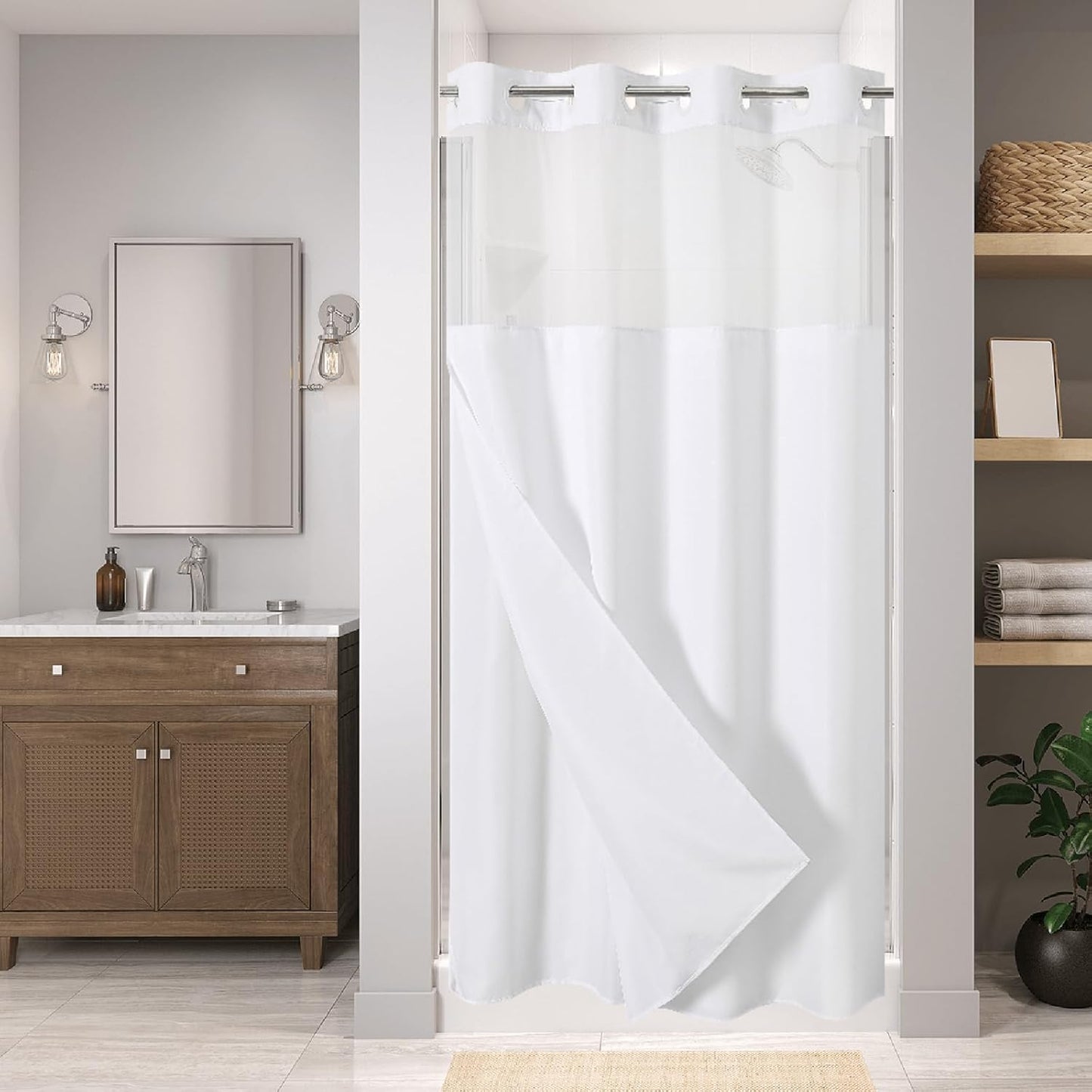 No Hooks Polyester Textured Shower Curtain with Snap-in Fabric Liner Set, Hotel Luxury Decor Shower Curtains for Bathroom with See Through Top Window, Waterproof & Washable, 71Wx74H, Cream