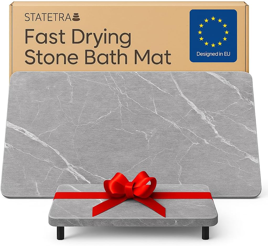 Stone Bath Mat Quick-Dry Absorbing Diatomaceous Earth Bath Mat | 2 Stone Mats - Large & Small Mat for Bathroom | Anti-Slip Diatomaceous Bathmat 100% Natural Bathroom Rug Stones (Gray Marble)