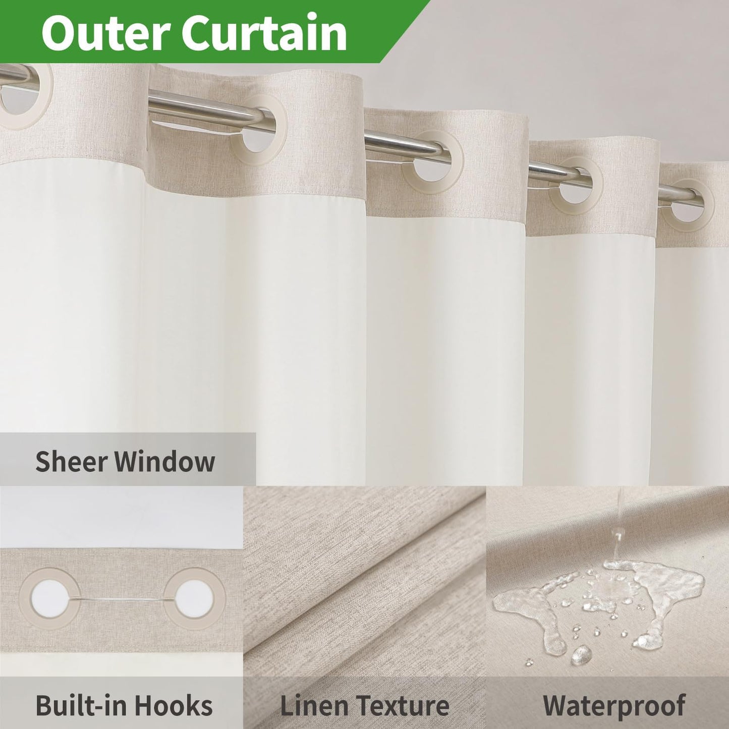 No Hooks Polyester Textured Shower Curtain with Snap-in Fabric Liner Set, Hotel Luxury Decor Shower Curtains for Bathroom with See Through Top Window, Waterproof & Washable, 71Wx74H, Cream