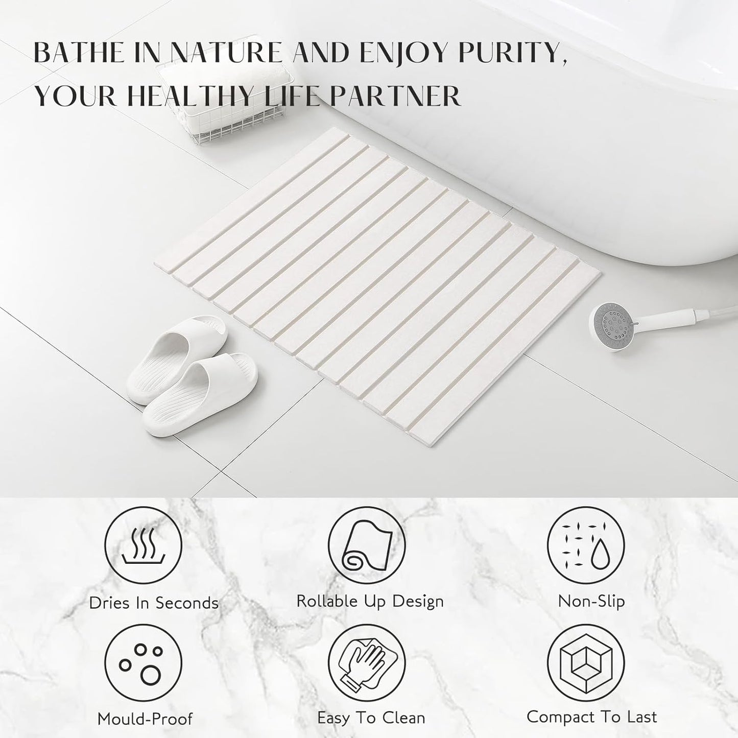 Large Stone Bath Mat, 30.2 x 23.5 Non-Slip Diatomaceous Earth Bath Mat, Ultra-Absorbent Quick-Drying Stone Drying Mat for Kitchen Bathroom Pet Bowl, Rollable & Foldable Stone Bath Mat, White XL
