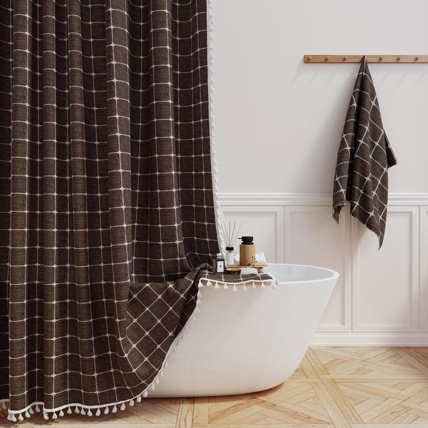 BTTN Extra Long Shower Curtain - 72x84 Inch Long Boho Linen Thick Fabric Shower Curtain Set with Plastic Hooks, Tall Farmhouse French Country Chic Macrame Cloth Shower Curtains for Bathroom, Tan/Taupe