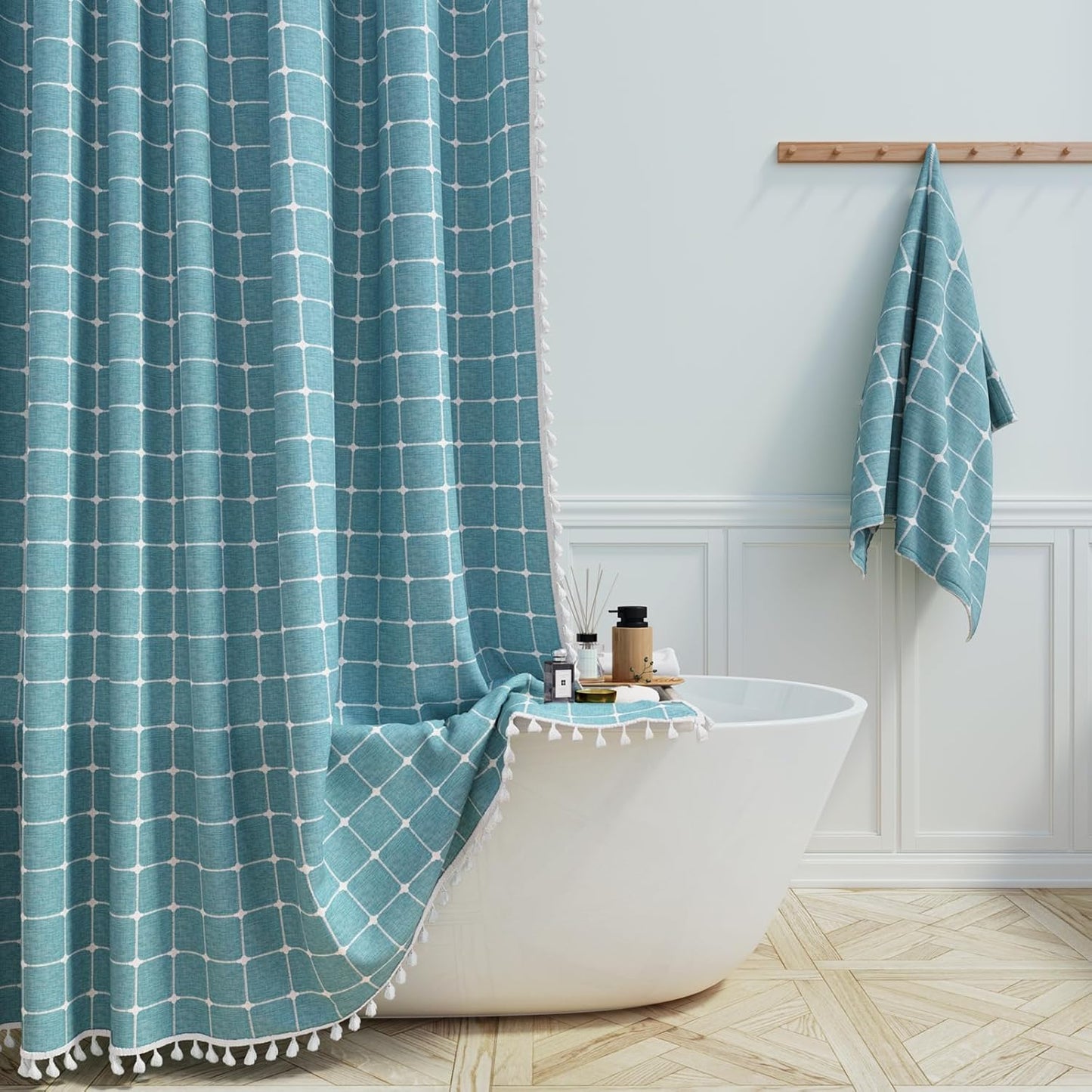 BTTN Extra Long Shower Curtain - 72x84 Inch Long Boho Linen Thick Fabric Shower Curtain Set with Plastic Hooks, Tall Farmhouse French Country Chic Macrame Cloth Shower Curtains for Bathroom, Tan/Taupe