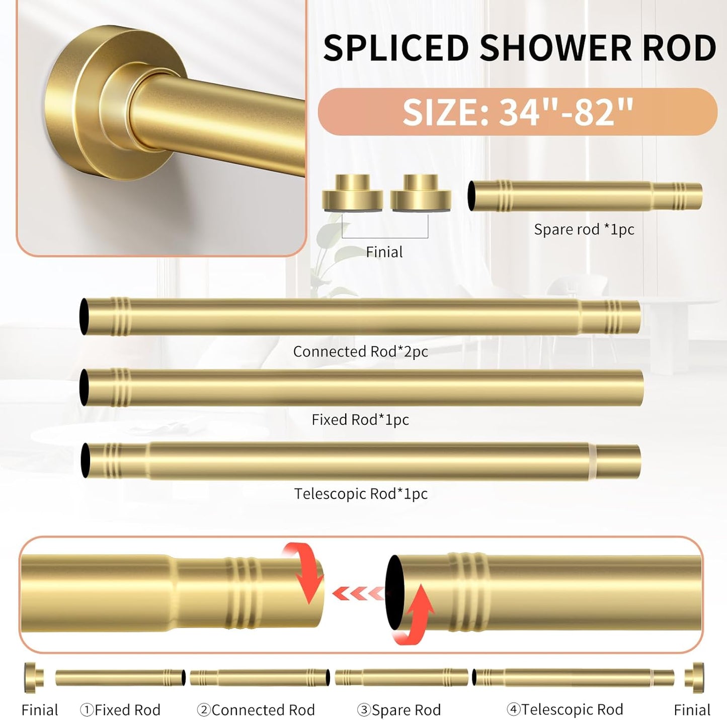 Gold Shower Curtain Rod 34-82 Inches(2.8-6.8ft) Never Rust Adjustable Shower Rod Spring Tension Non Slip No Drilling Shower Rods for Bathroom Garland Window