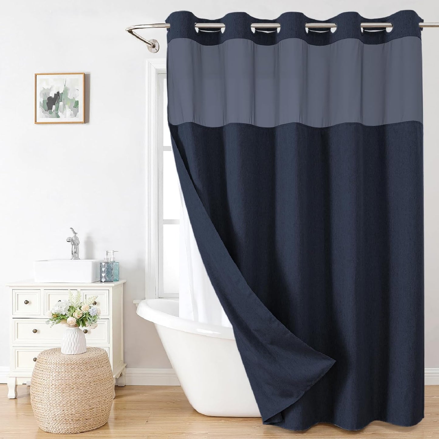 No Hooks Polyester Textured Shower Curtain with Snap-in Fabric Liner Set, Hotel Luxury Decor Shower Curtains for Bathroom with See Through Top Window, Waterproof & Washable, 71Wx74H, Cream