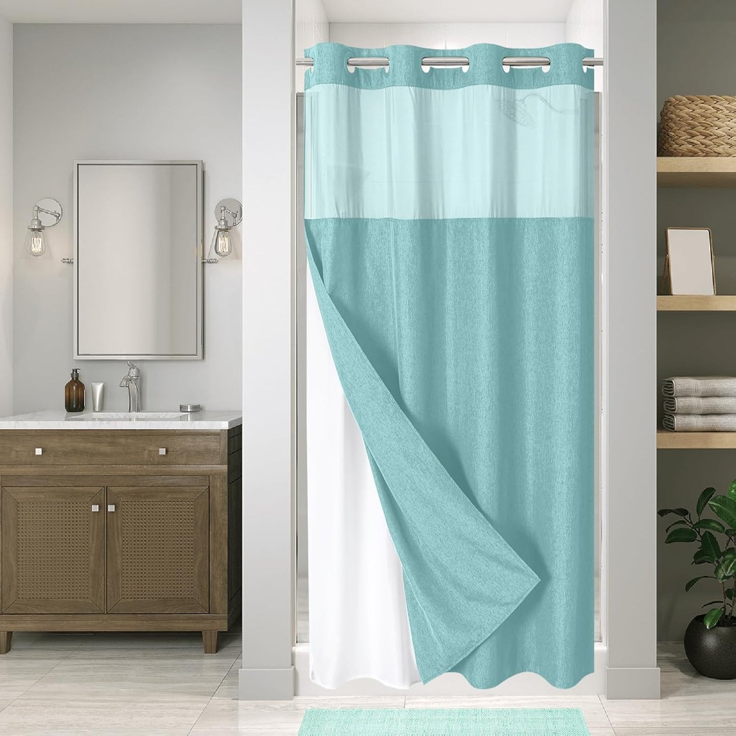 No Hooks Polyester Textured Shower Curtain with Snap-in Fabric Liner Set, Hotel Luxury Decor Shower Curtains for Bathroom with See Through Top Window, Waterproof & Washable, 71Wx74H, Cream