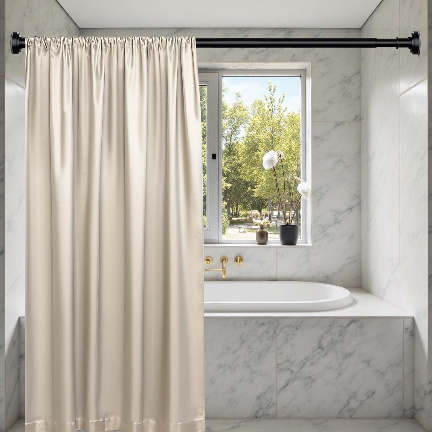 Black Shower Curtain Rod 36-84 Inch(3-7ft) Never Rust No Drilling Spring Tension Shower Rod, Adjustable Curtain Rod for Bathroom Window Living Room