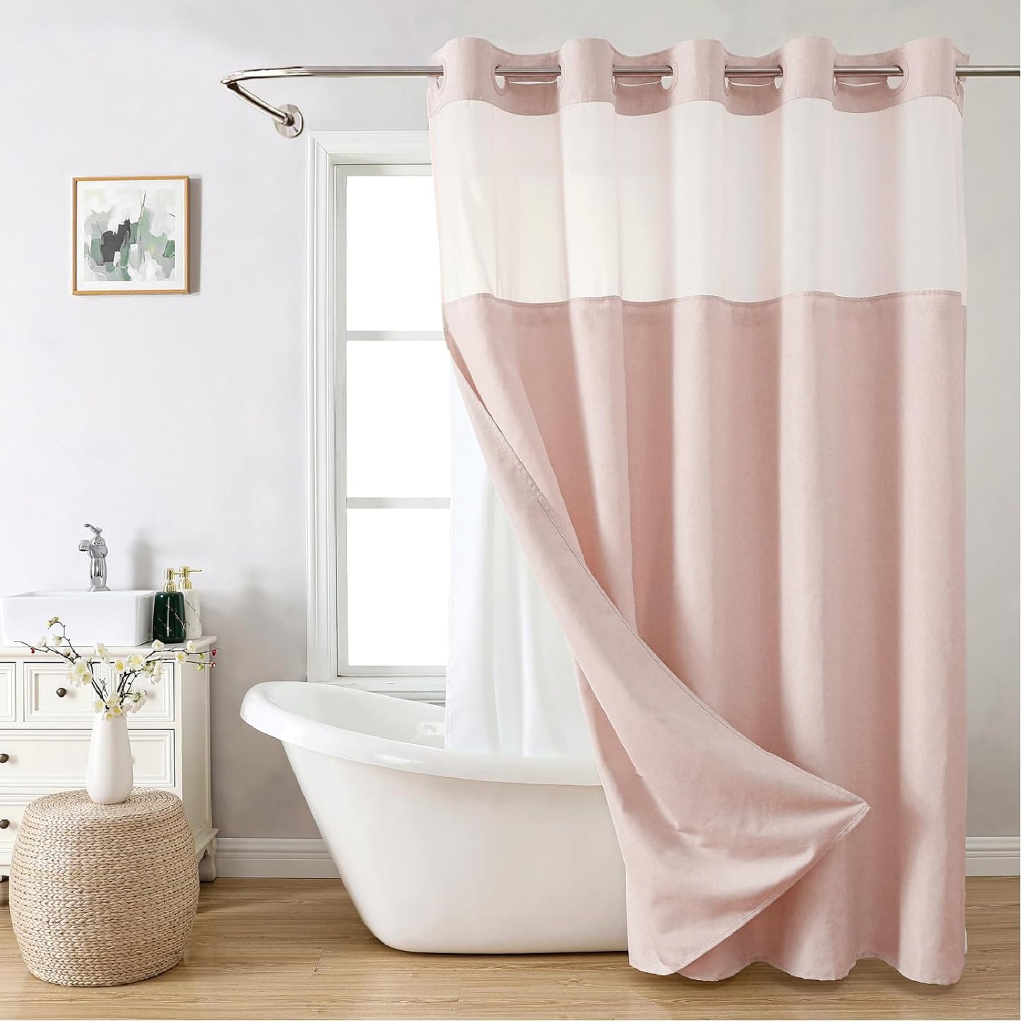No Hooks Polyester Textured Shower Curtain with Snap-in Fabric Liner Set, Hotel Luxury Decor Shower Curtains for Bathroom with See Through Top Window, Waterproof & Washable, 71Wx74H, Cream