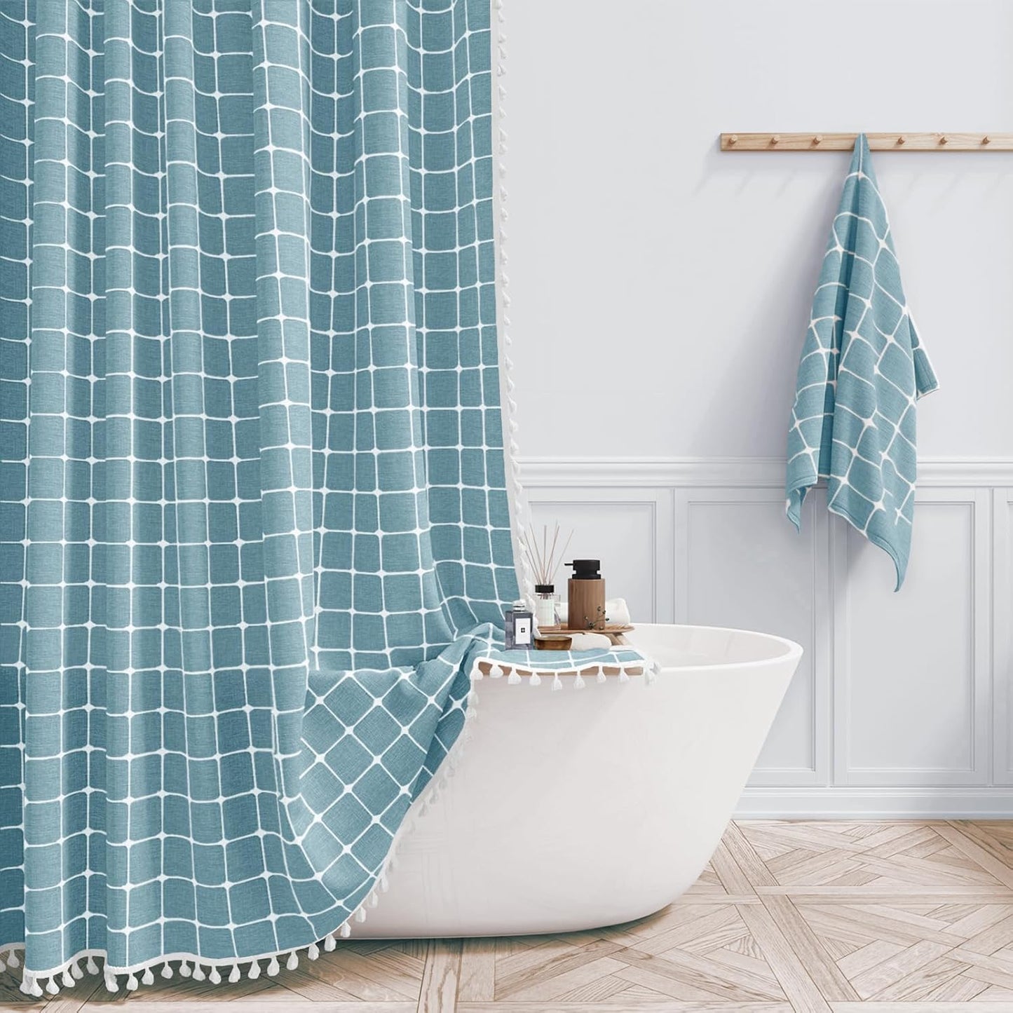 BTTN Extra Long Shower Curtain - 72x84 Inch Long Boho Linen Thick Fabric Shower Curtain Set with Plastic Hooks, Tall Farmhouse French Country Chic Macrame Cloth Shower Curtains for Bathroom, Tan/Taupe