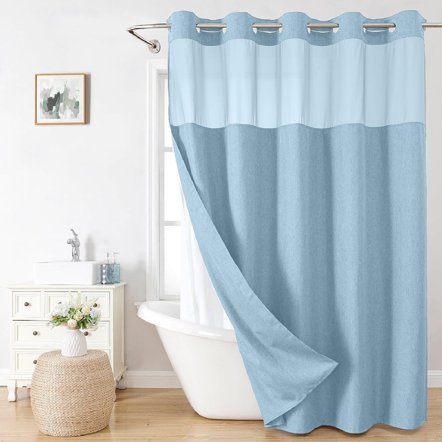 No Hooks Polyester Textured Shower Curtain with Snap-in Fabric Liner Set, Hotel Luxury Decor Shower Curtains for Bathroom with See Through Top Window, Waterproof & Washable, 71Wx74H, Cream