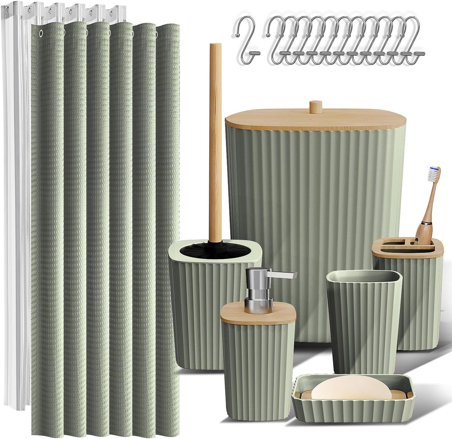 Clara Clark Bathroom Accessories Set - Bathroom Set, 20PC Bathroom Accessory Set, Black Shower Curtain Set, Toilet Brush, Trash Can & Soap Dispenser