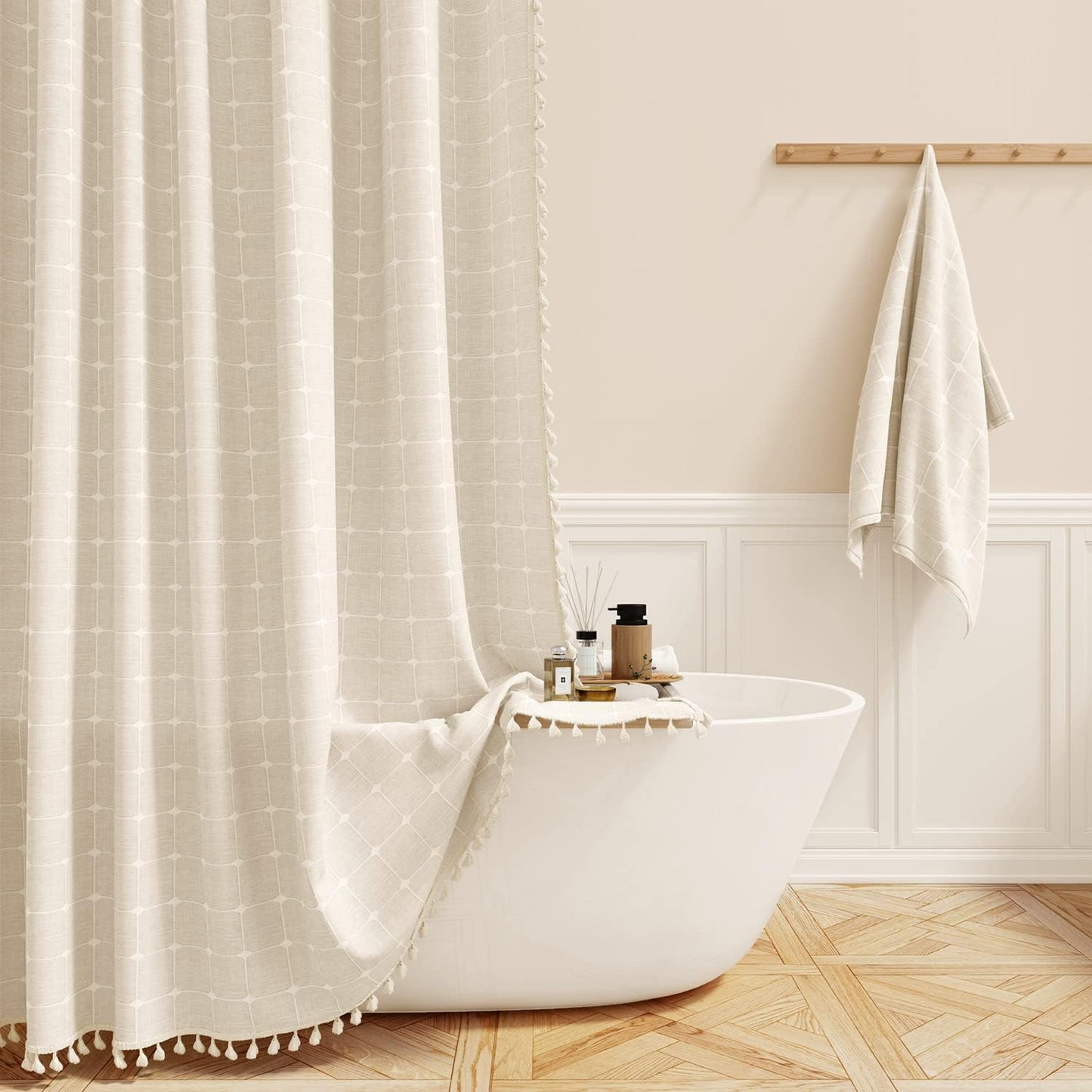 BTTN Extra Long Shower Curtain - 72x84 Inch Long Boho Linen Thick Fabric Shower Curtain Set with Plastic Hooks, Tall Farmhouse French Country Chic Macrame Cloth Shower Curtains for Bathroom, Tan/Taupe