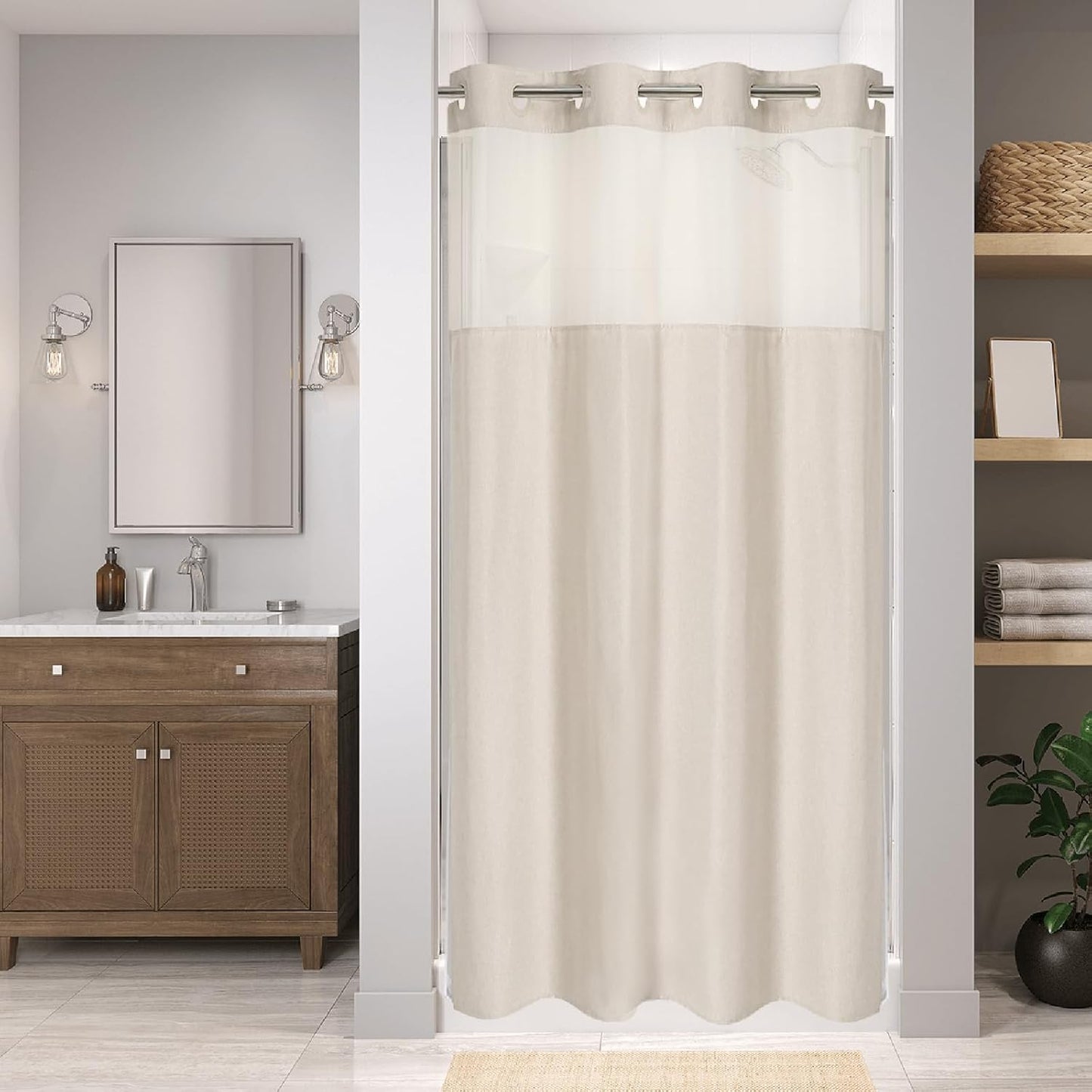 No Hooks Polyester Textured Shower Curtain with Snap-in Fabric Liner Set, Hotel Luxury Decor Shower Curtains for Bathroom with See Through Top Window, Waterproof & Washable, 71Wx74H, Cream