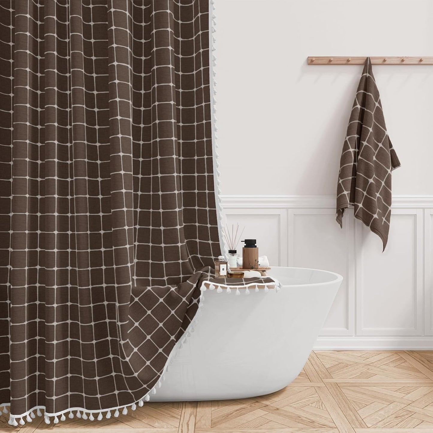 BTTN Extra Long Shower Curtain - 72x84 Inch Long Boho Linen Thick Fabric Shower Curtain Set with Plastic Hooks, Tall Farmhouse French Country Chic Macrame Cloth Shower Curtains for Bathroom, Tan/Taupe