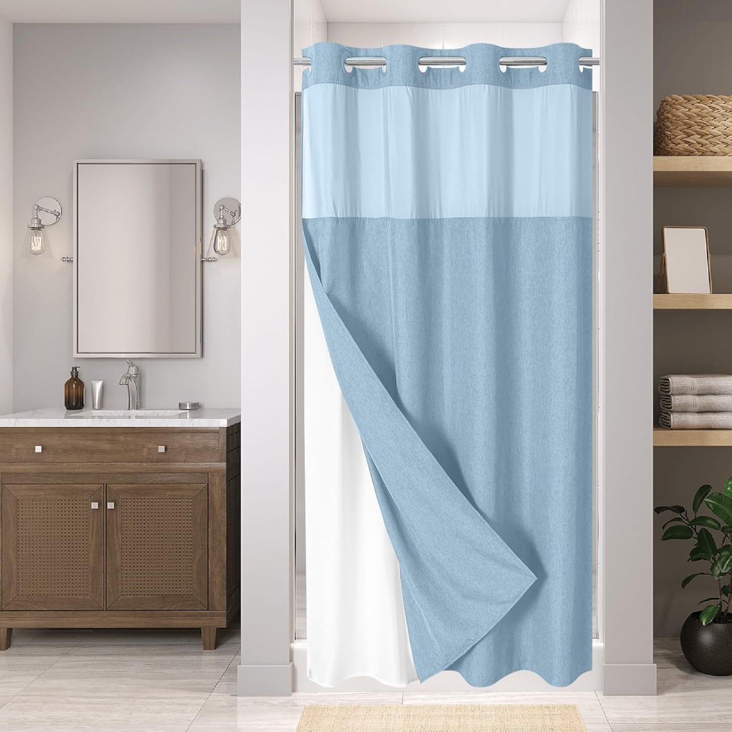 No Hooks Polyester Textured Shower Curtain with Snap-in Fabric Liner Set, Hotel Luxury Decor Shower Curtains for Bathroom with See Through Top Window, Waterproof & Washable, 71Wx74H, Cream