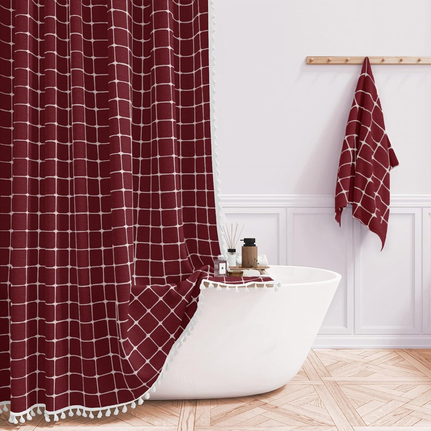 BTTN Extra Long Shower Curtain - 72x84 Inch Long Boho Linen Thick Fabric Shower Curtain Set with Plastic Hooks, Tall Farmhouse French Country Chic Macrame Cloth Shower Curtains for Bathroom, Tan/Taupe