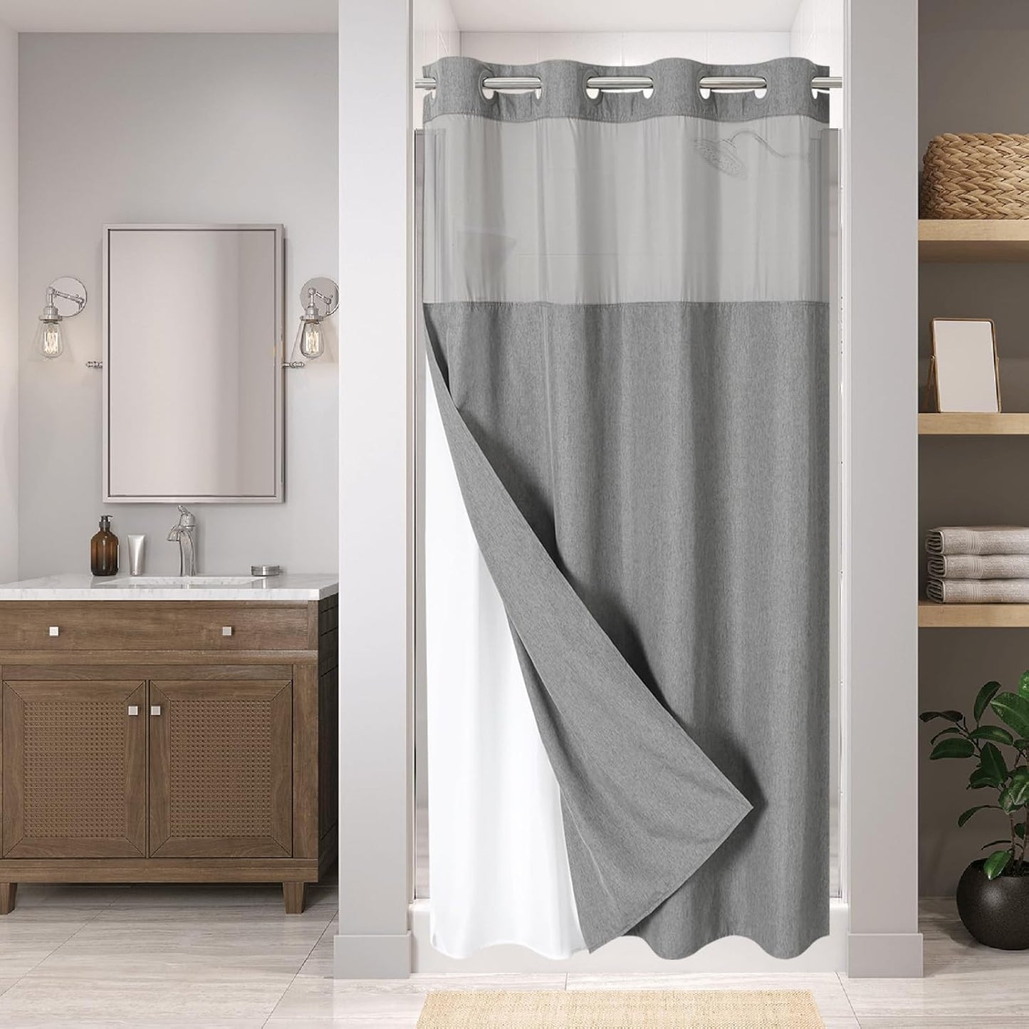 No Hooks Polyester Textured Shower Curtain with Snap-in Fabric Liner Set, Hotel Luxury Decor Shower Curtains for Bathroom with See Through Top Window, Waterproof & Washable, 71Wx74H, Cream