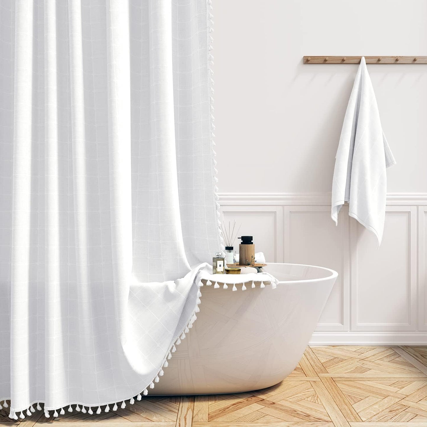 BTTN Extra Long Shower Curtain - 72x84 Inch Long Boho Linen Thick Fabric Shower Curtain Set with Plastic Hooks, Tall Farmhouse French Country Chic Macrame Cloth Shower Curtains for Bathroom, Tan/Taupe