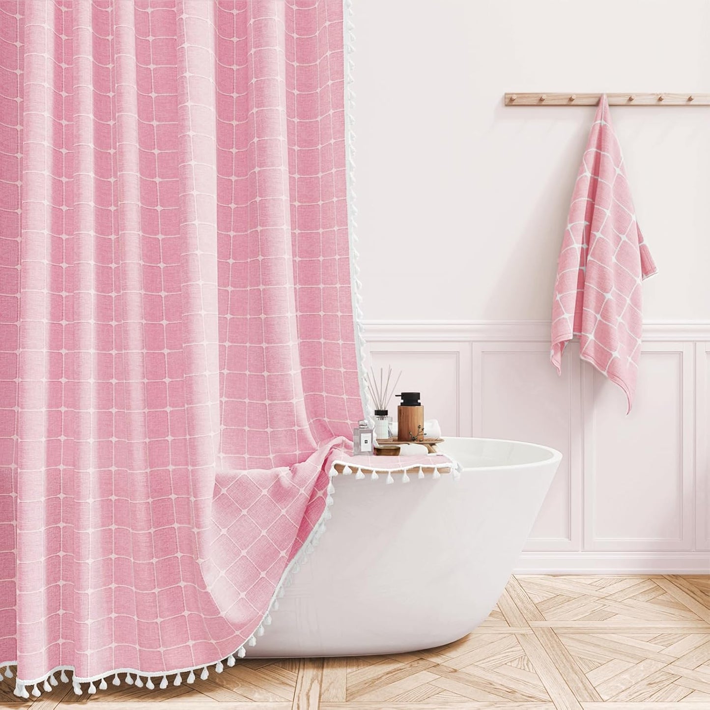 BTTN Extra Long Shower Curtain - 72x84 Inch Long Boho Linen Thick Fabric Shower Curtain Set with Plastic Hooks, Tall Farmhouse French Country Chic Macrame Cloth Shower Curtains for Bathroom, Tan/Taupe