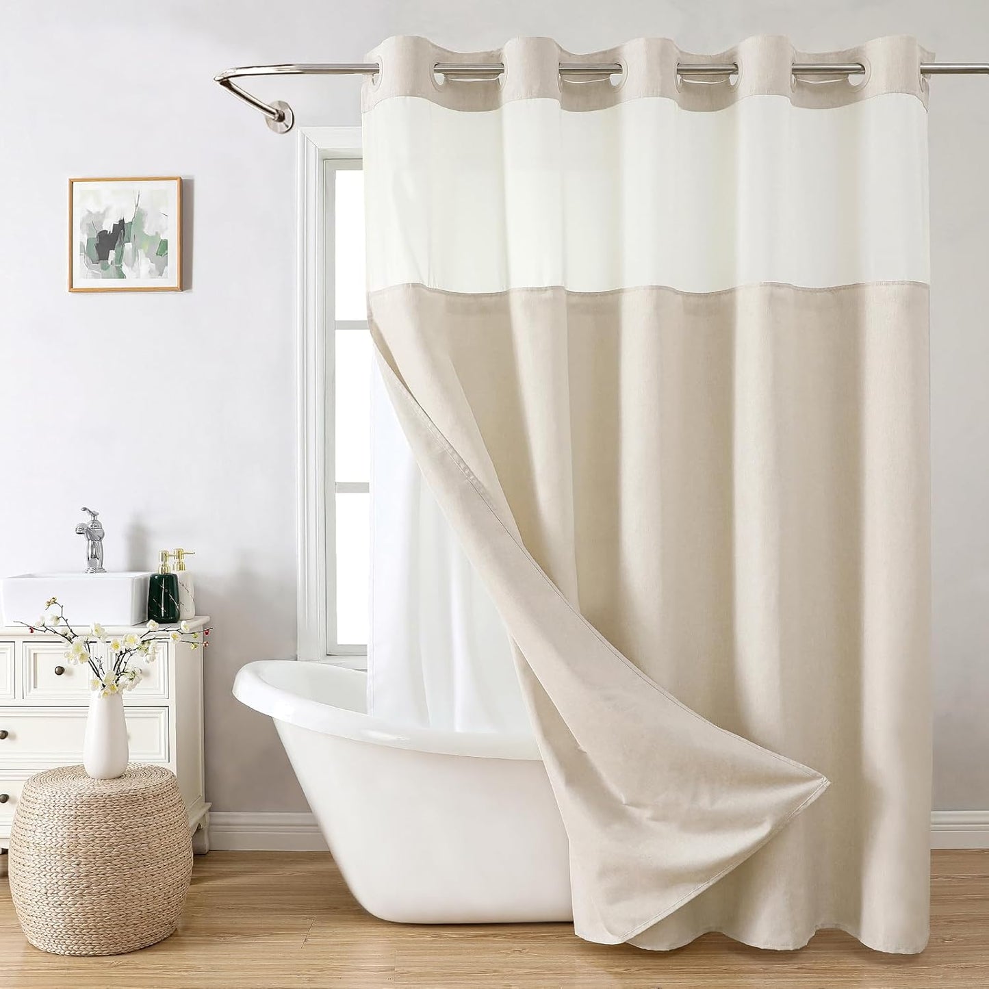 No Hooks Polyester Textured Shower Curtain with Snap-in Fabric Liner Set, Hotel Luxury Decor Shower Curtains for Bathroom with See Through Top Window, Waterproof & Washable, 71Wx74H, Cream
