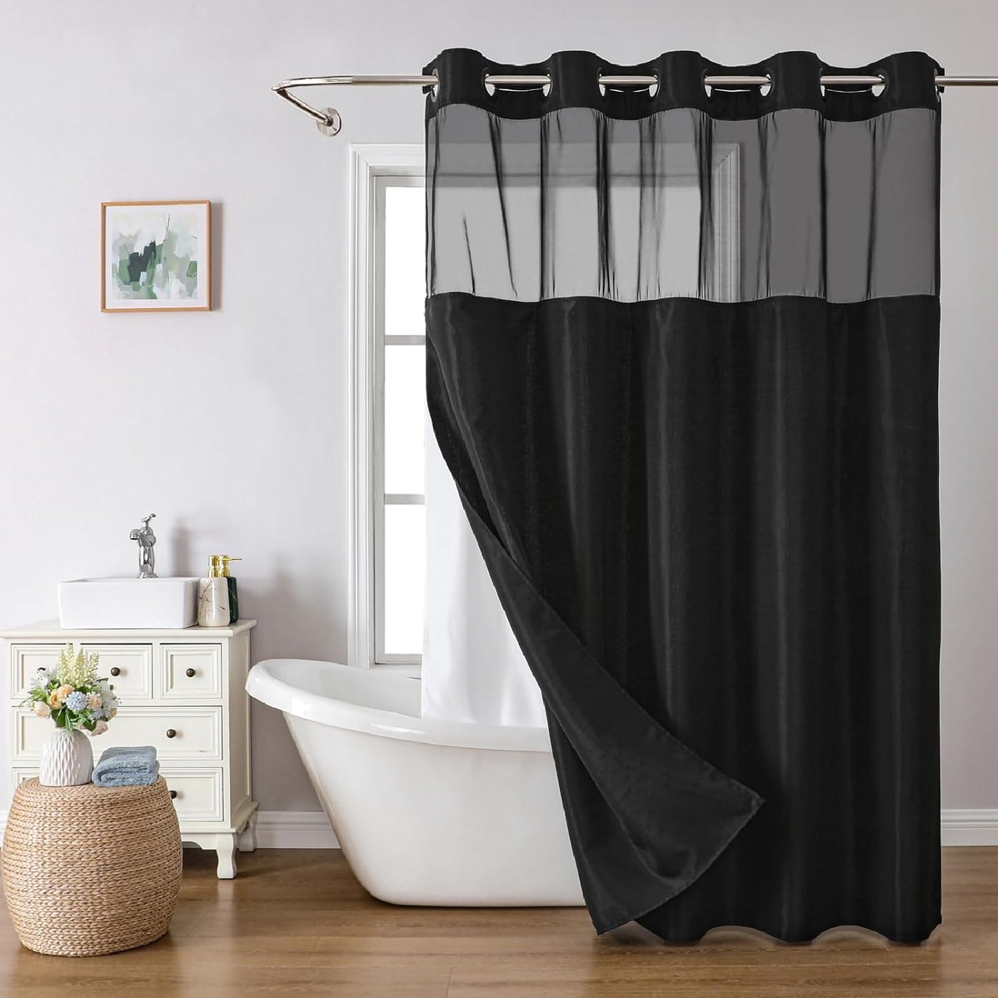 No Hooks Polyester Textured Shower Curtain with Snap-in Fabric Liner Set, Hotel Luxury Decor Shower Curtains for Bathroom with See Through Top Window, Waterproof & Washable, 71Wx74H, Cream