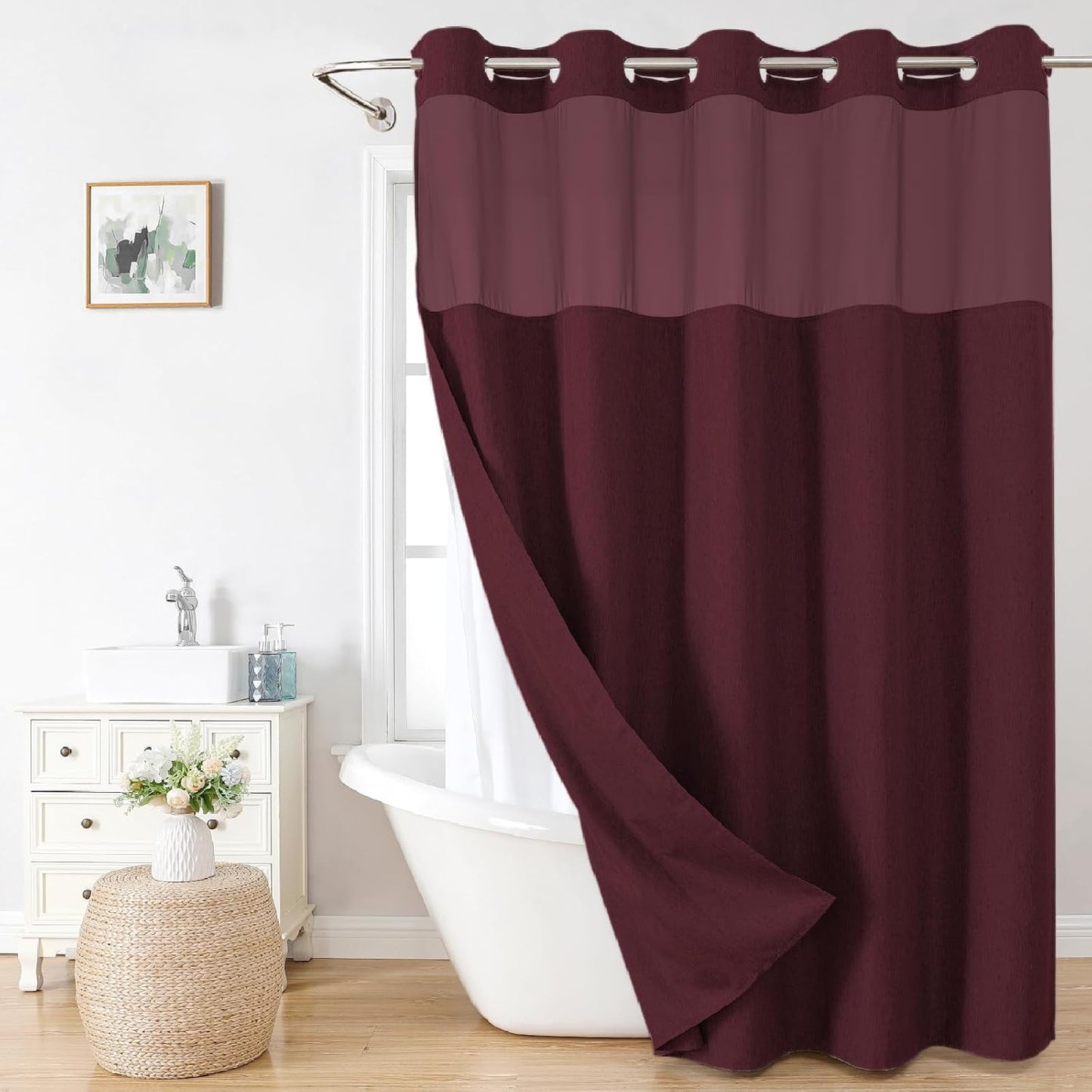 No Hooks Polyester Textured Shower Curtain with Snap-in Fabric Liner Set, Hotel Luxury Decor Shower Curtains for Bathroom with See Through Top Window, Waterproof & Washable, 71Wx74H, Cream