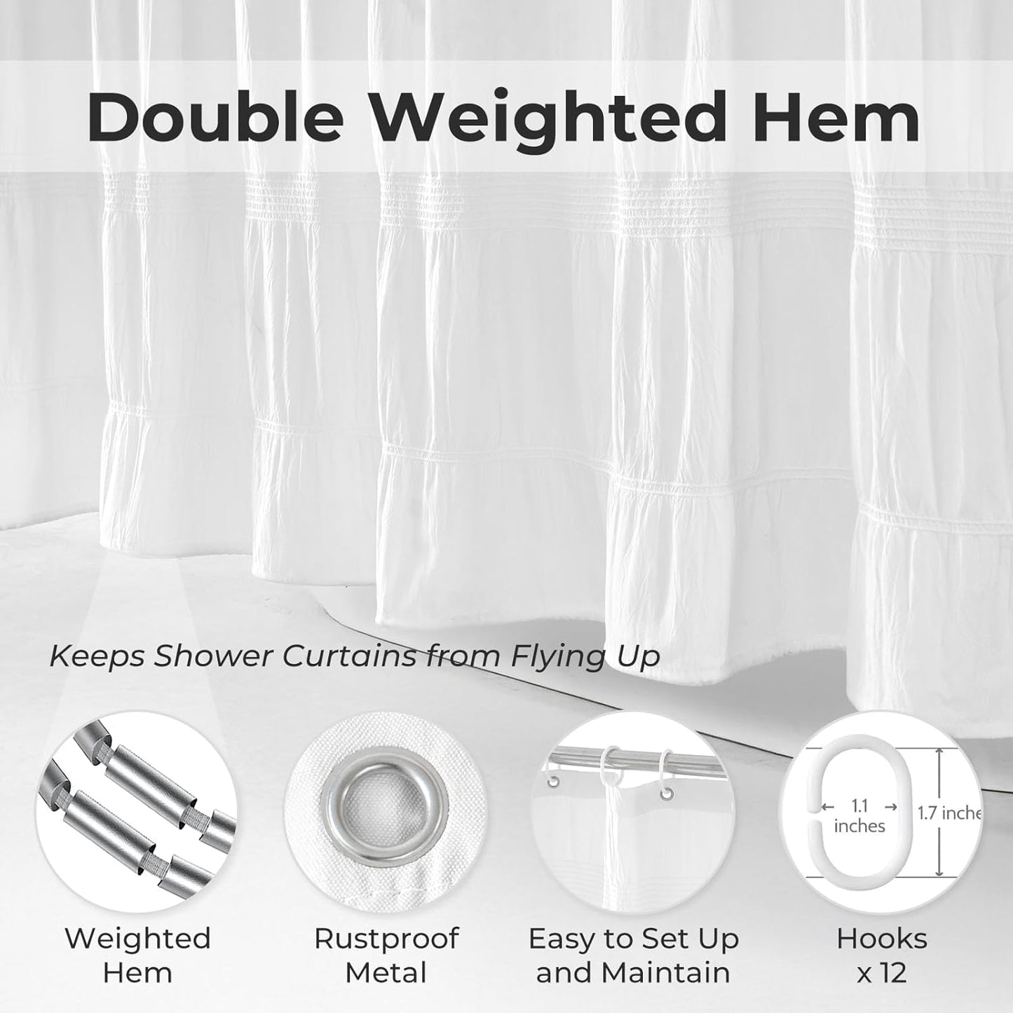 Seasonwood White Shower Curtain Farmhouse Shower Curtain Rustic Striped Cotton Blend Fabric Shower Curtains Heavy Weighted Bathroom Decor, 72 x 72