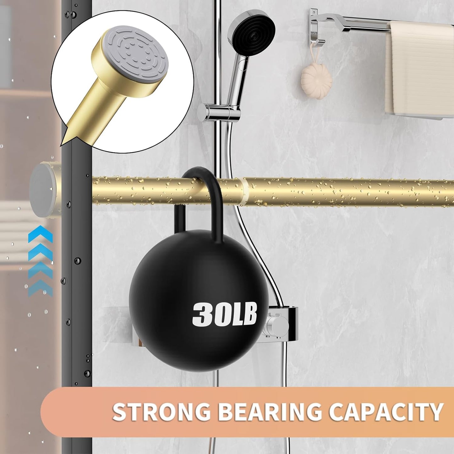 Gold Shower Curtain Rod 34-82 Inches(2.8-6.8ft) Never Rust Adjustable Shower Rod Spring Tension Non Slip No Drilling Shower Rods for Bathroom Garland Window