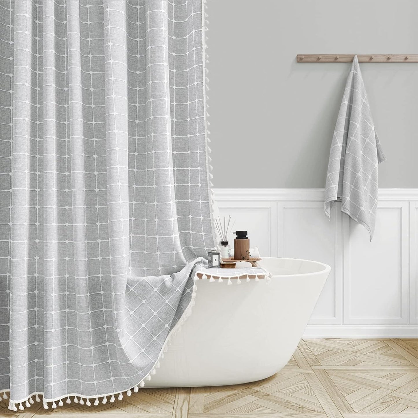 BTTN Extra Long Shower Curtain - 72x84 Inch Long Boho Linen Thick Fabric Shower Curtain Set with Plastic Hooks, Tall Farmhouse French Country Chic Macrame Cloth Shower Curtains for Bathroom, Tan/Taupe