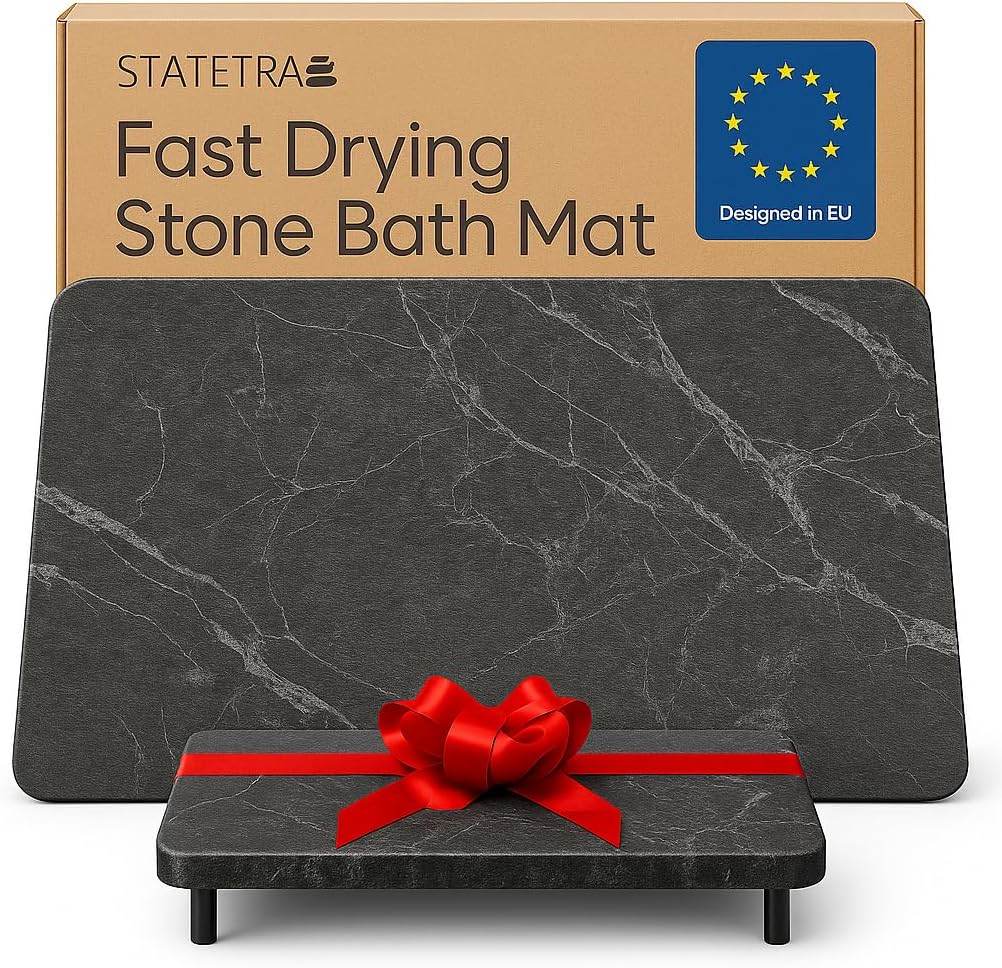 Stone Bath Mat Quick-Dry Absorbing Diatomaceous Earth Bath Mat | 2 Stone Mats - Large & Small Mat for Bathroom | Anti-Slip Diatomaceous Bathmat 100% Natural Bathroom Rug Stones (Gray Marble)