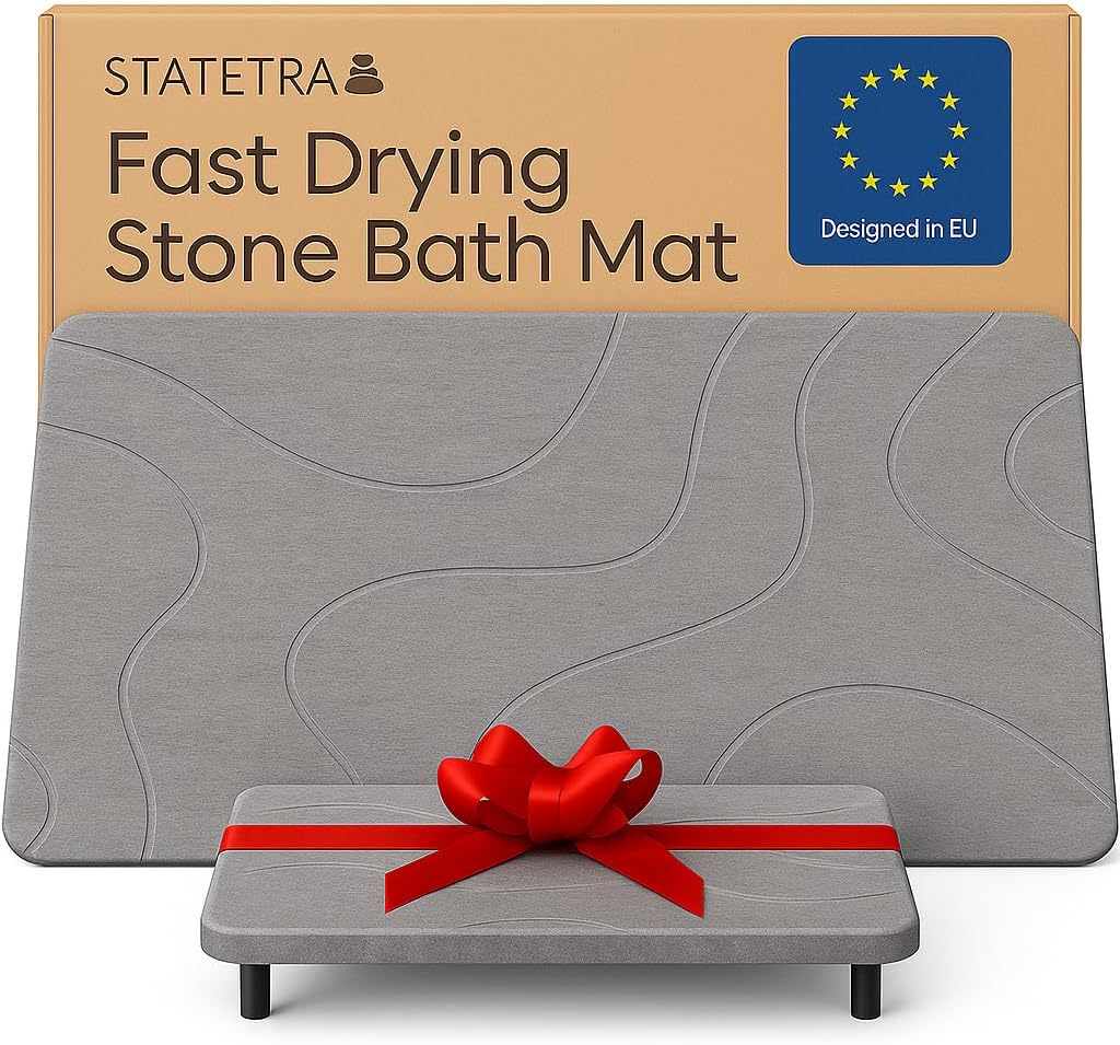 Stone Bath Mat Quick-Dry Absorbing Diatomaceous Earth Bath Mat | 2 Stone Mats - Large & Small Mat for Bathroom | Anti-Slip Diatomaceous Bathmat 100% Natural Bathroom Rug Stones (Gray Marble)