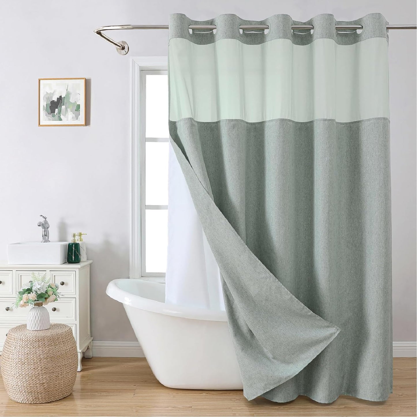 No Hooks Polyester Textured Shower Curtain with Snap-in Fabric Liner Set, Hotel Luxury Decor Shower Curtains for Bathroom with See Through Top Window, Waterproof & Washable, 71Wx74H, Cream