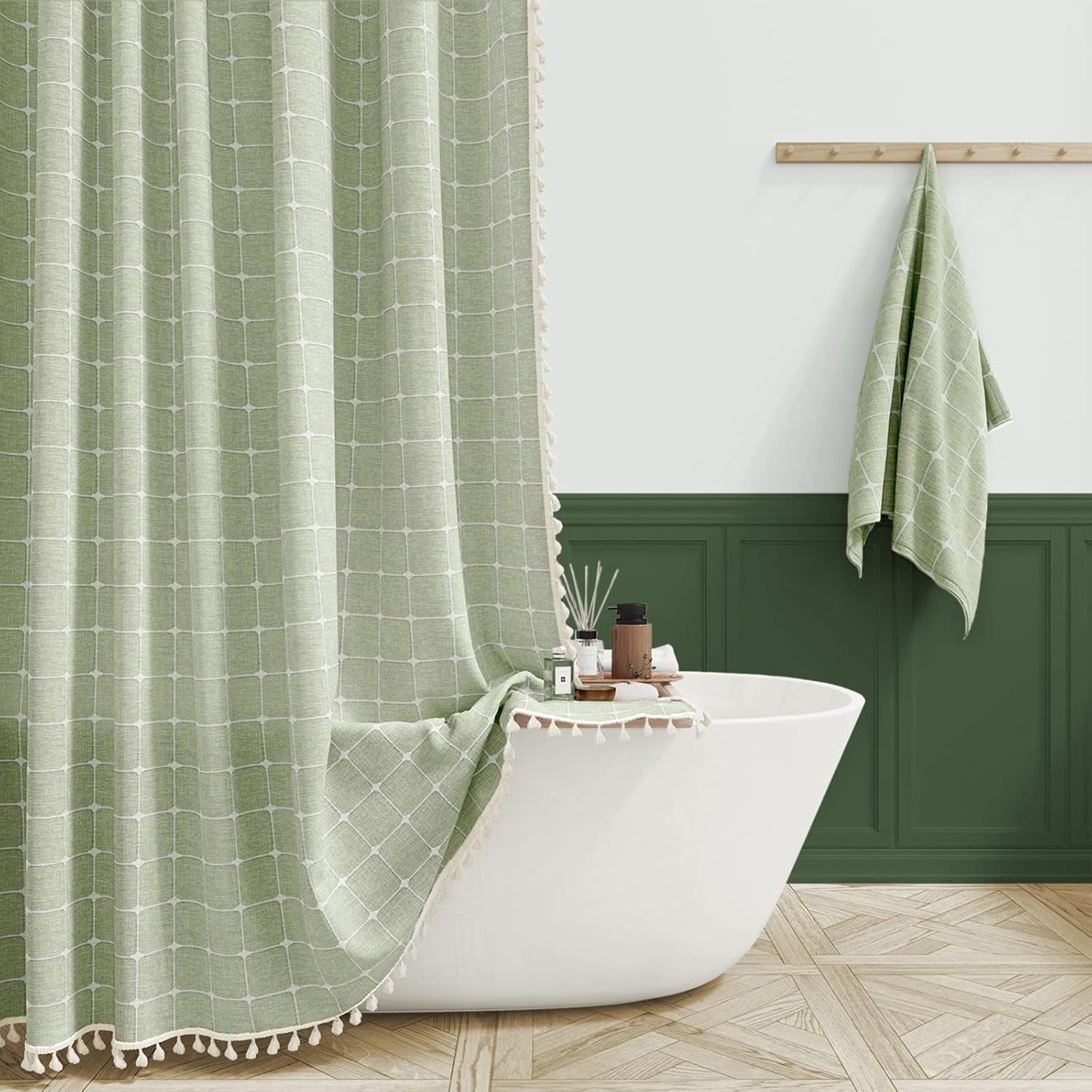 BTTN Extra Long Shower Curtain - 72x84 Inch Long Boho Linen Thick Fabric Shower Curtain Set with Plastic Hooks, Tall Farmhouse French Country Chic Macrame Cloth Shower Curtains for Bathroom, Tan/Taupe