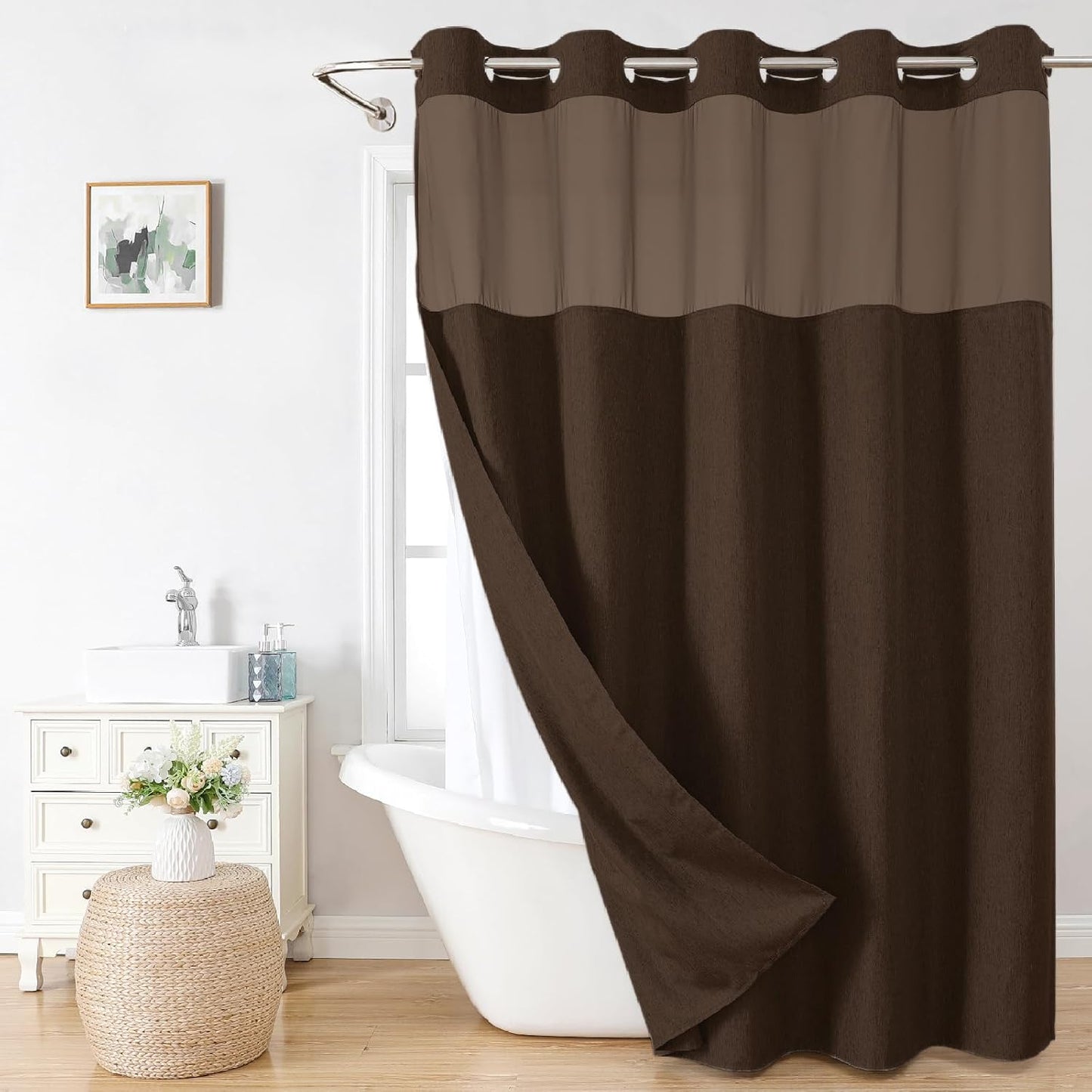 No Hooks Polyester Textured Shower Curtain with Snap-in Fabric Liner Set, Hotel Luxury Decor Shower Curtains for Bathroom with See Through Top Window, Waterproof & Washable, 71Wx74H, Cream
