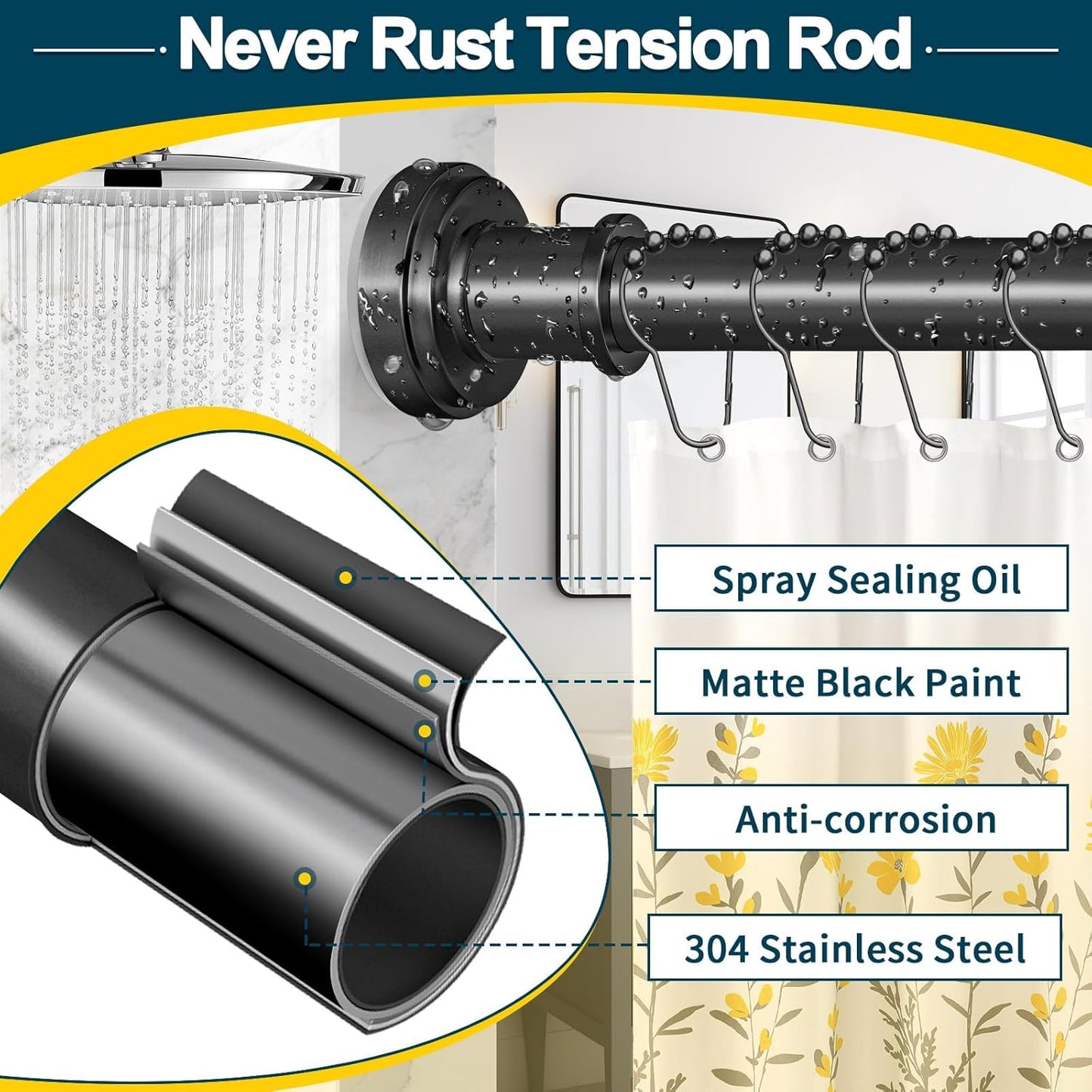 Black Shower Curtain Rod 36-84 Inch(3-7ft) Never Rust No Drilling Spring Tension Shower Rod, Adjustable Curtain Rod for Bathroom Window Living Room