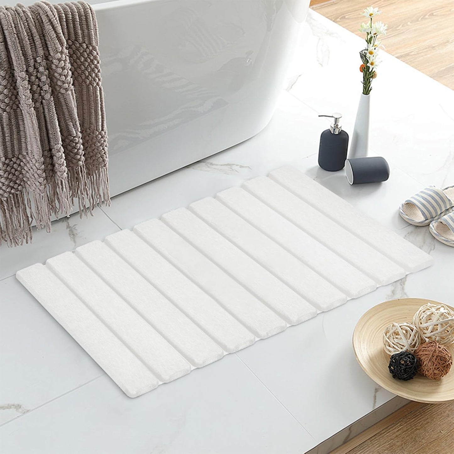 Large Stone Bath Mat, 30.2 x 23.5 Non-Slip Diatomaceous Earth Bath Mat, Ultra-Absorbent Quick-Drying Stone Drying Mat for Kitchen Bathroom Pet Bowl, Rollable & Foldable Stone Bath Mat, White XL