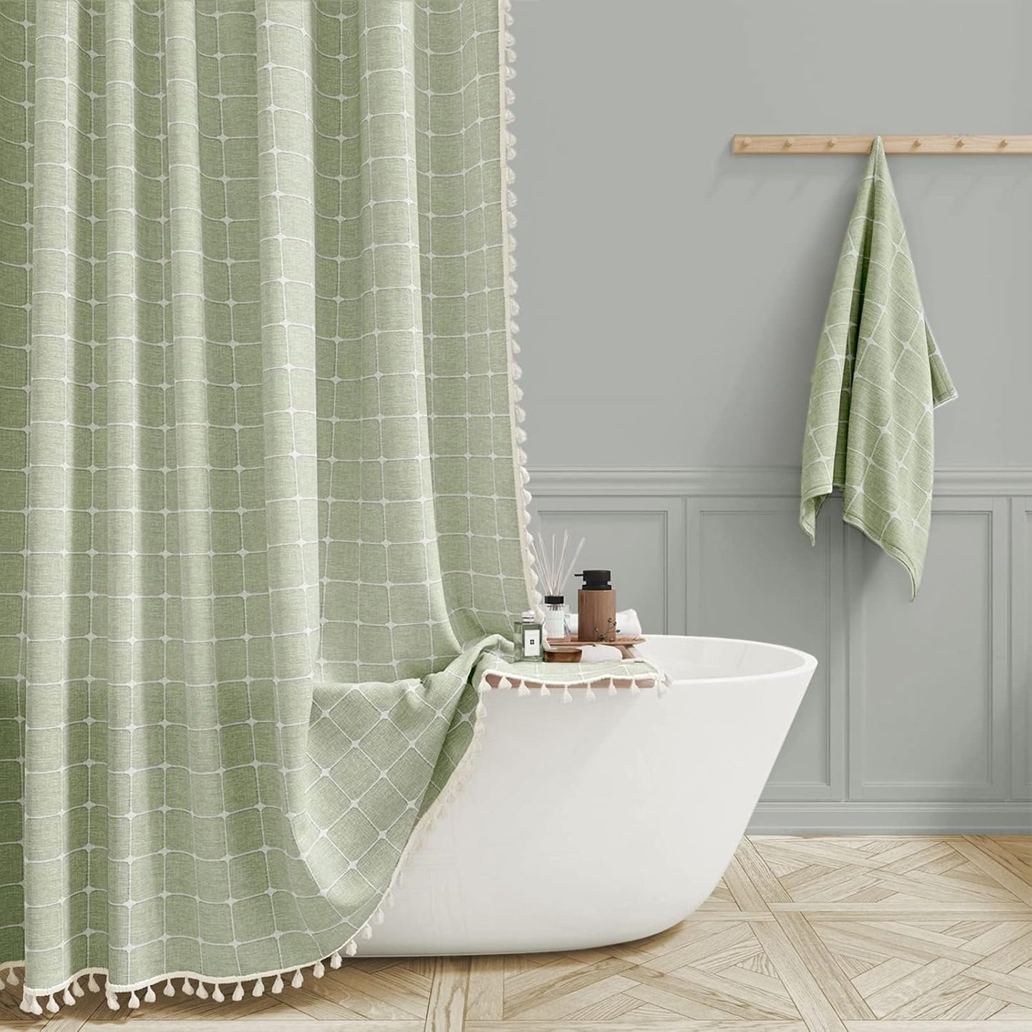 BTTN Extra Long Shower Curtain - 72x84 Inch Long Boho Linen Thick Fabric Shower Curtain Set with Plastic Hooks, Tall Farmhouse French Country Chic Macrame Cloth Shower Curtains for Bathroom, Tan/Taupe