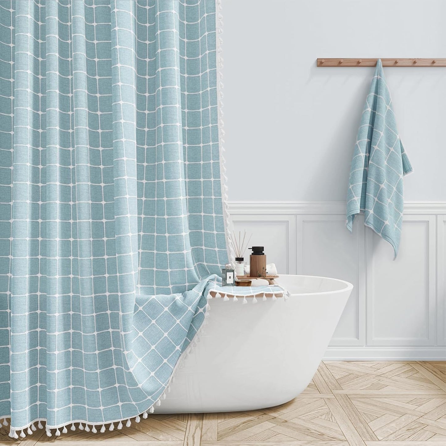 BTTN Extra Long Shower Curtain - 72x84 Inch Long Boho Linen Thick Fabric Shower Curtain Set with Plastic Hooks, Tall Farmhouse French Country Chic Macrame Cloth Shower Curtains for Bathroom, Tan/Taupe