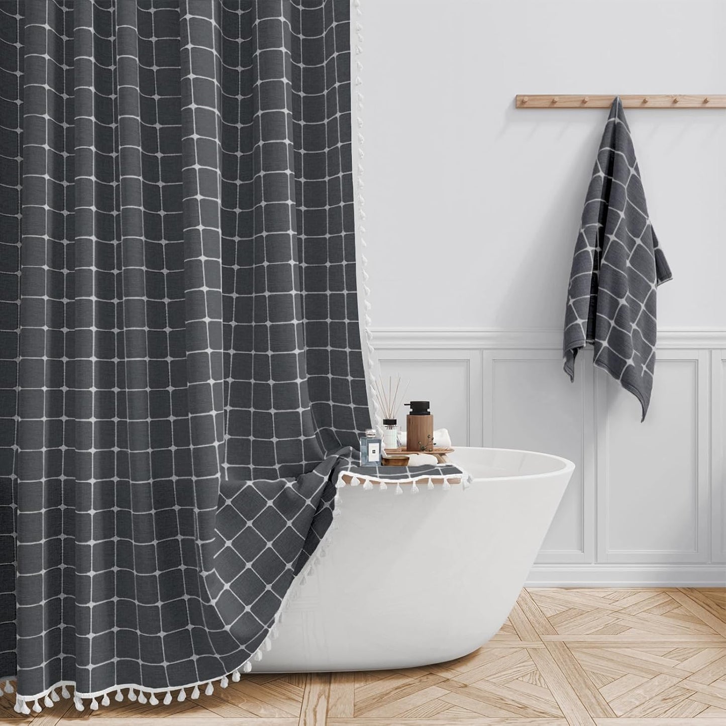 BTTN Extra Long Shower Curtain - 72x84 Inch Long Boho Linen Thick Fabric Shower Curtain Set with Plastic Hooks, Tall Farmhouse French Country Chic Macrame Cloth Shower Curtains for Bathroom, Tan/Taupe