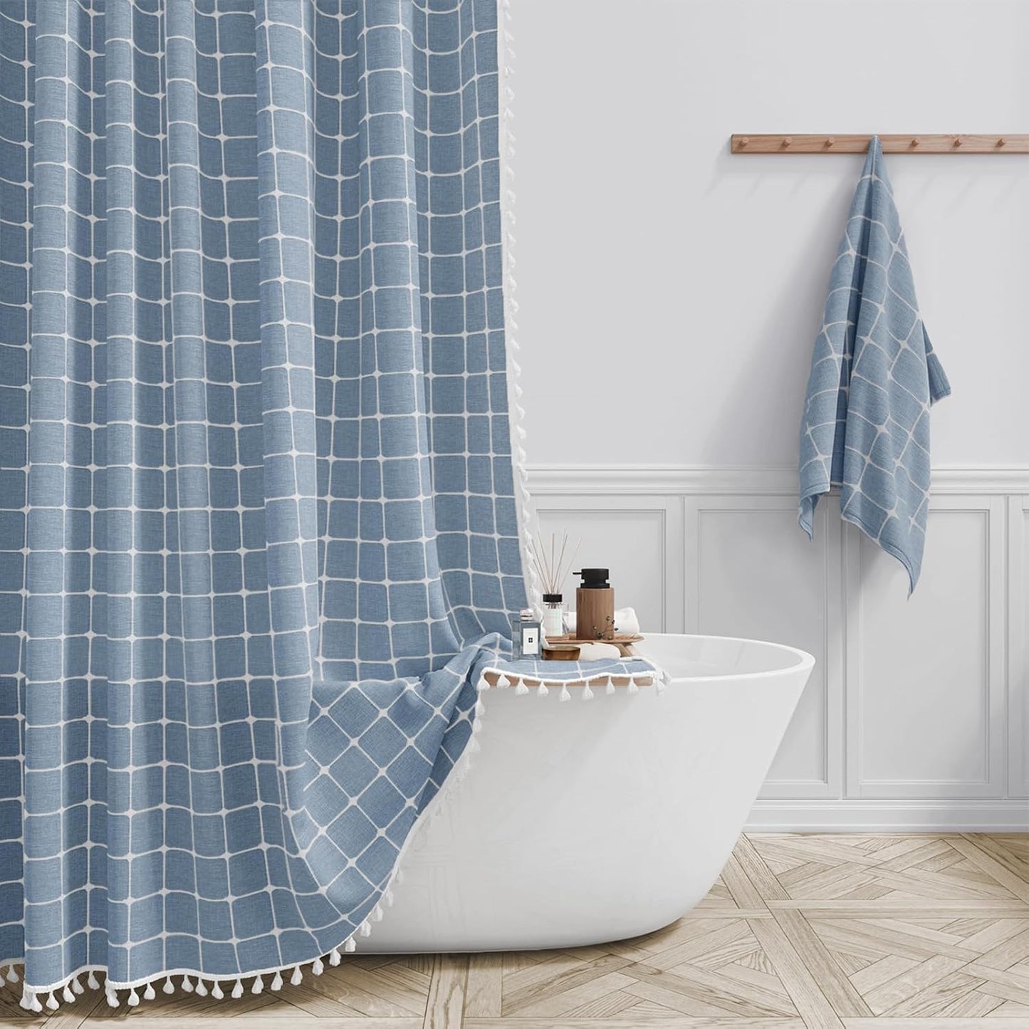 BTTN Extra Long Shower Curtain - 72x84 Inch Long Boho Linen Thick Fabric Shower Curtain Set with Plastic Hooks, Tall Farmhouse French Country Chic Macrame Cloth Shower Curtains for Bathroom, Tan/Taupe