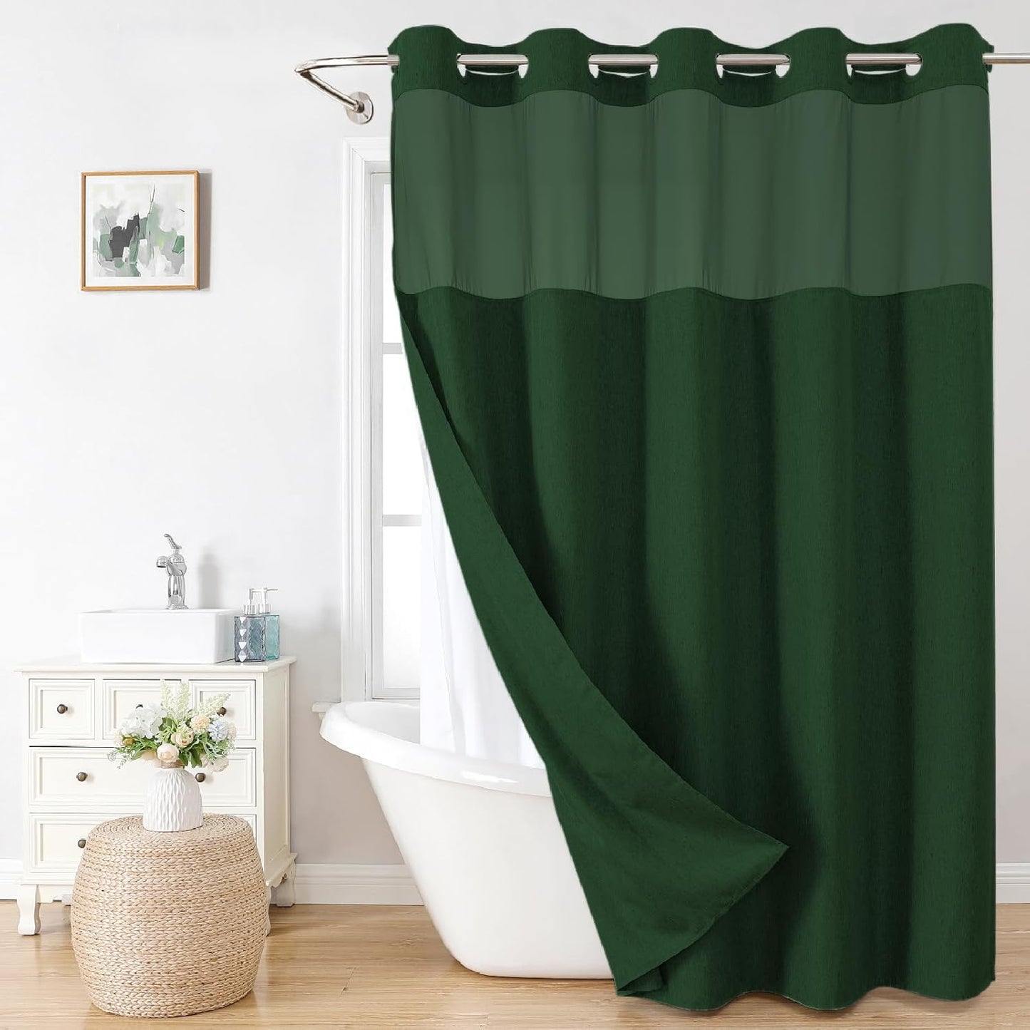 No Hooks Polyester Textured Shower Curtain with Snap-in Fabric Liner Set, Hotel Luxury Decor Shower Curtains for Bathroom with See Through Top Window, Waterproof & Washable, 71Wx74H, Cream