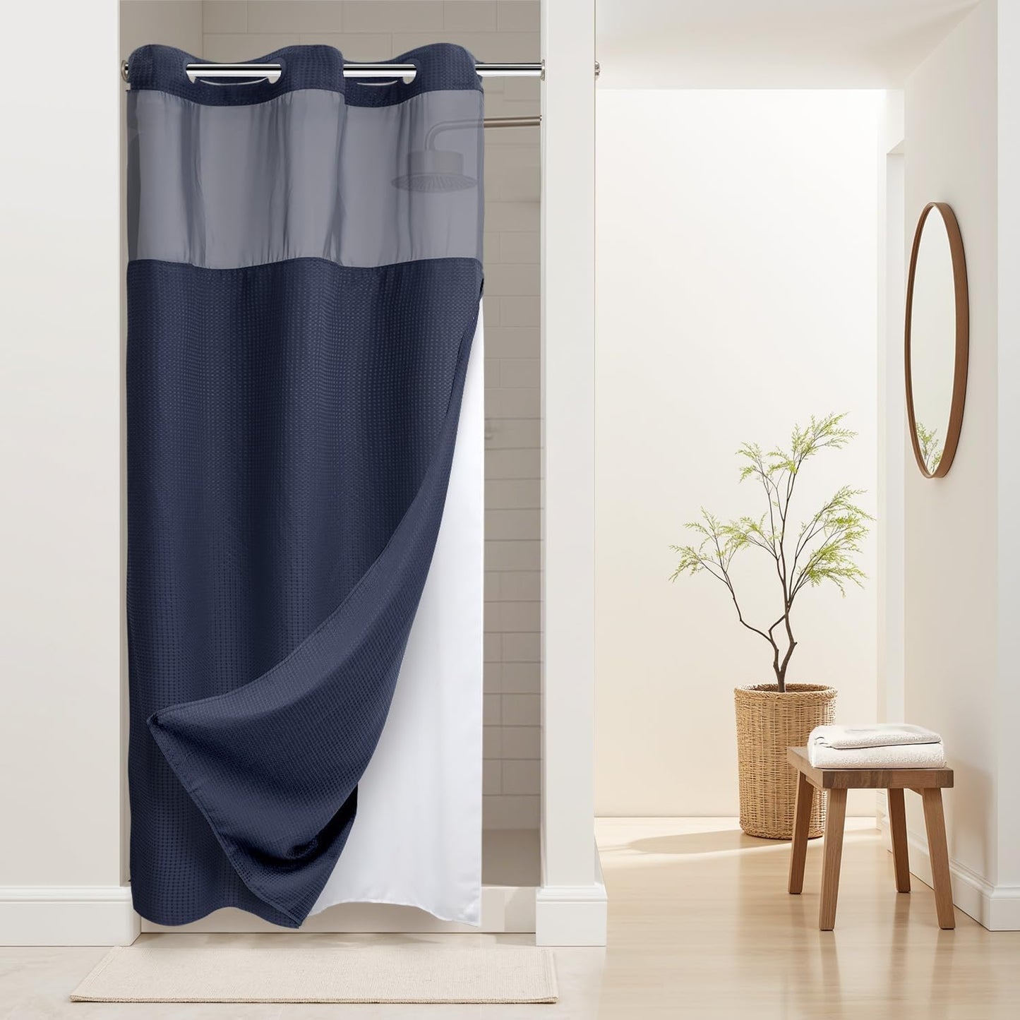 River Dream Heavyweight No Hooks Required Dotted Waffle Weave Shower Curtain with Snap in Liner - 71W x 74H,Hotel Grade,Spa Like Bath Curtain,Graphite Grey