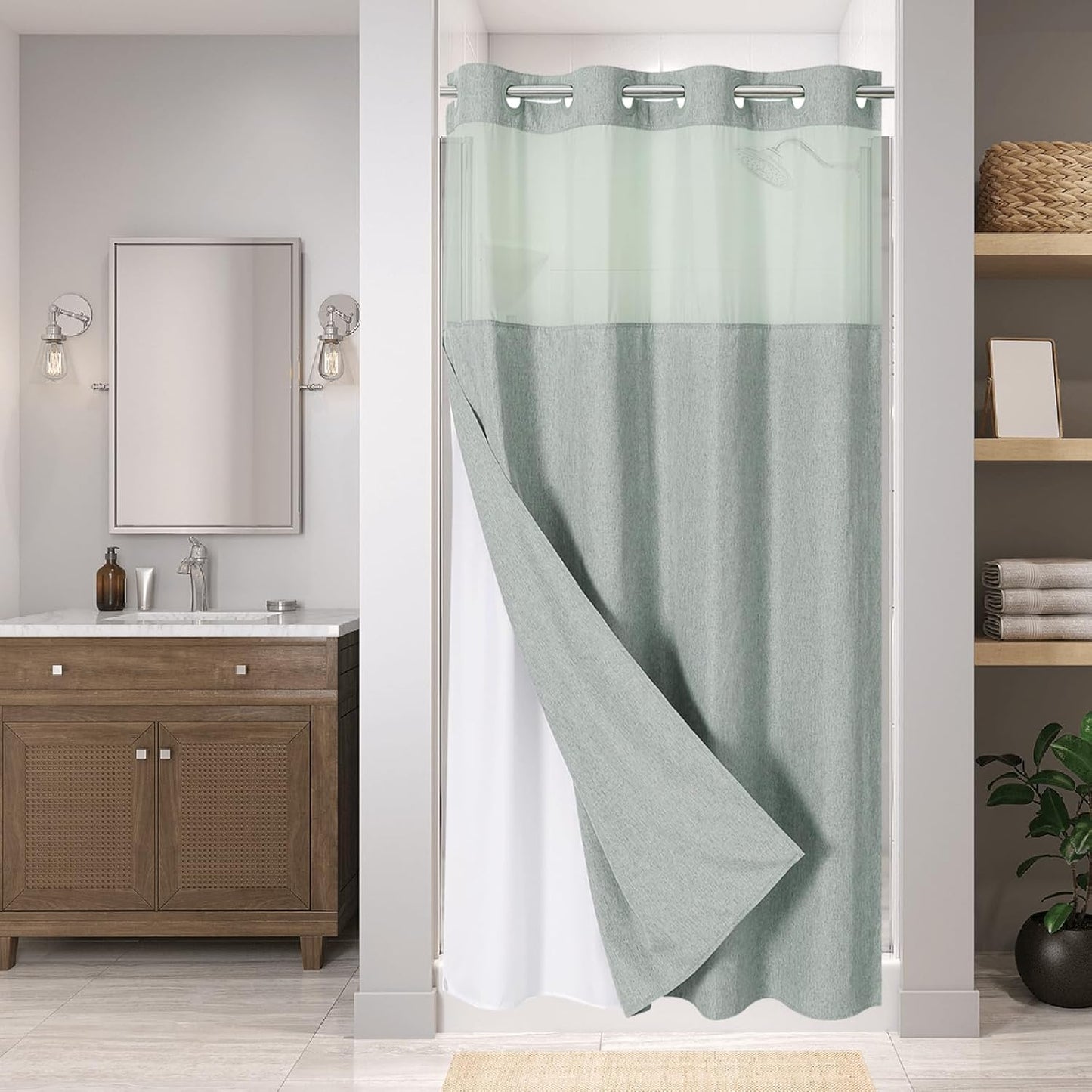 No Hooks Polyester Textured Shower Curtain with Snap-in Fabric Liner Set, Hotel Luxury Decor Shower Curtains for Bathroom with See Through Top Window, Waterproof & Washable, 71Wx74H, Cream